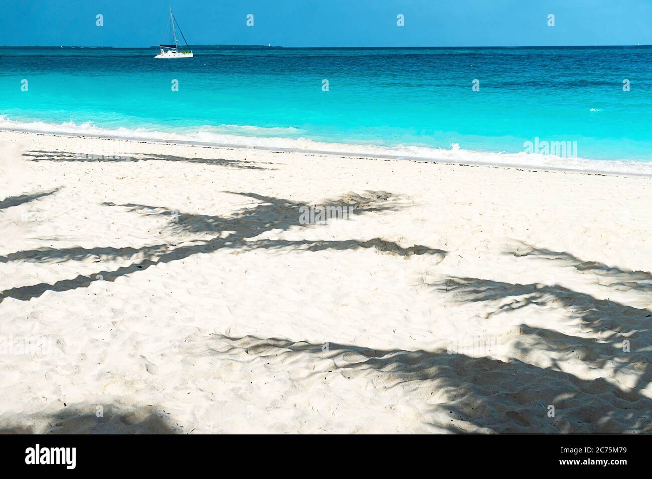 Vue panoramique sur une belle journée ensoleillée et palm sadow sur plage de sable. Concept de voyage. Banque D'Images