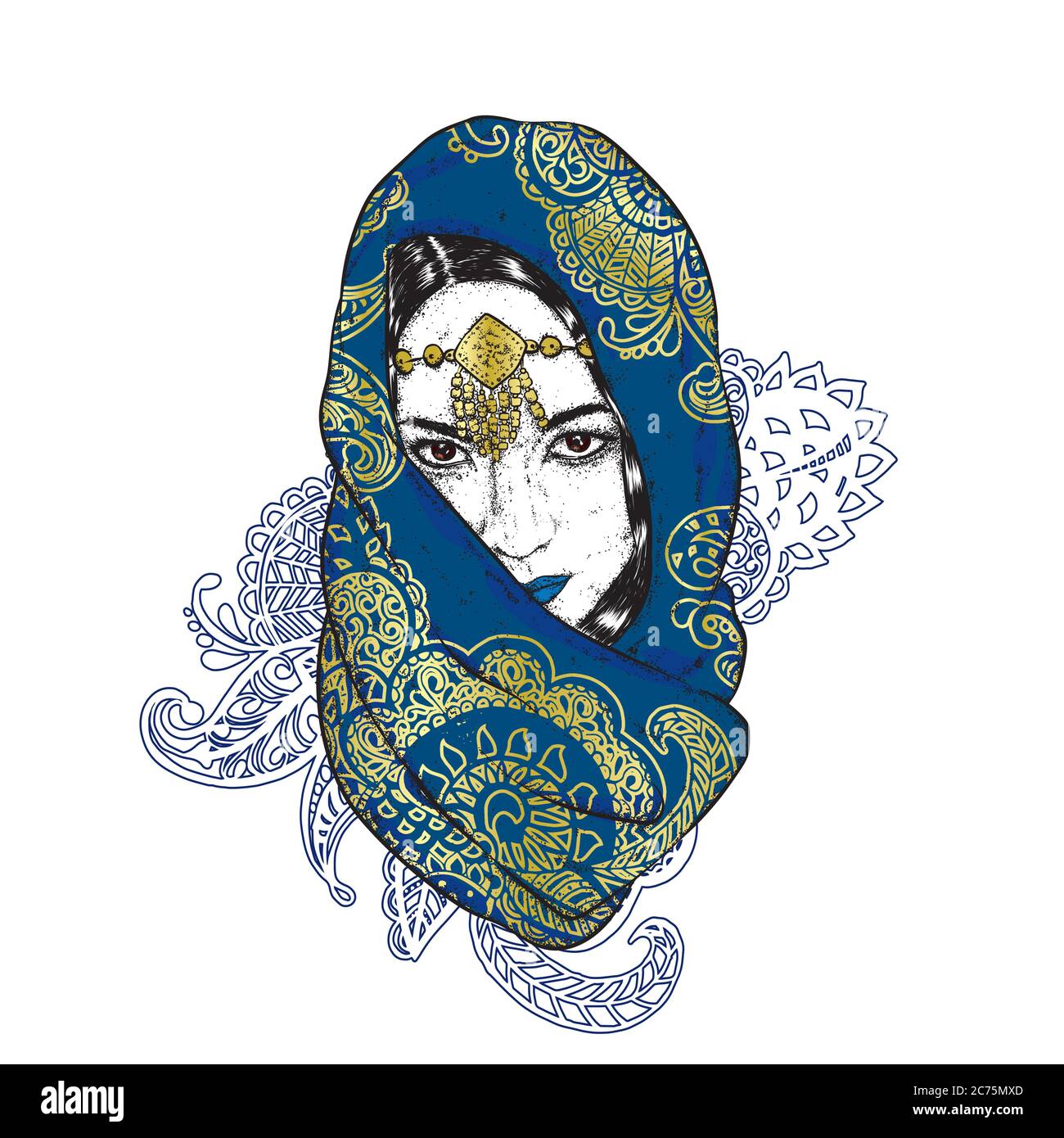 Belle fille orientale dans un foulard à motifs. Illustration vectorielle pour une carte postale ou une affiche. Illustration de Vecteur