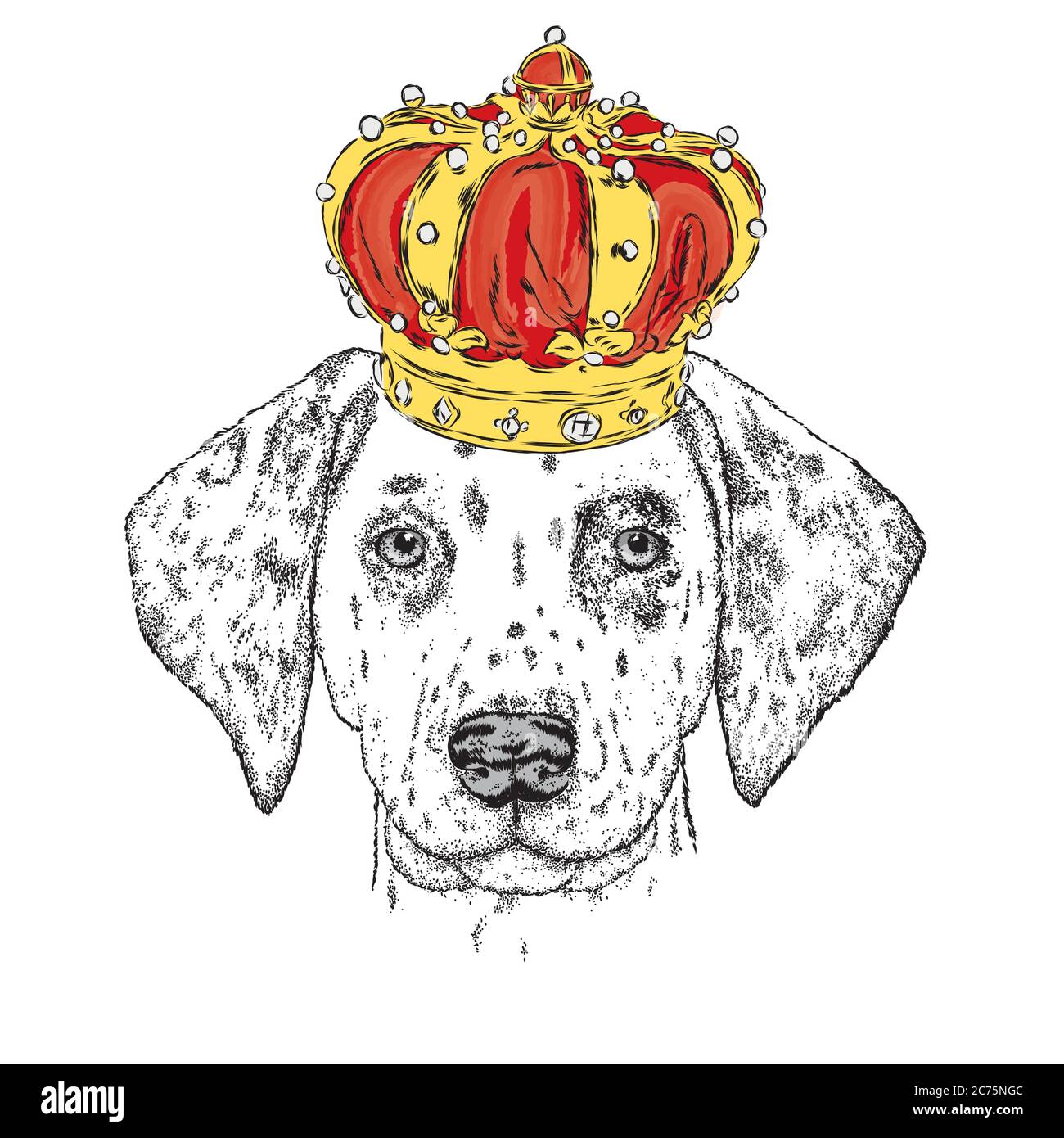 Chien mignon portant une couronne . Illustration vectorielle. Élément de conception pour les produits imprimés ou les imprimés sur les vêtements et accessoires . Illustration de Vecteur