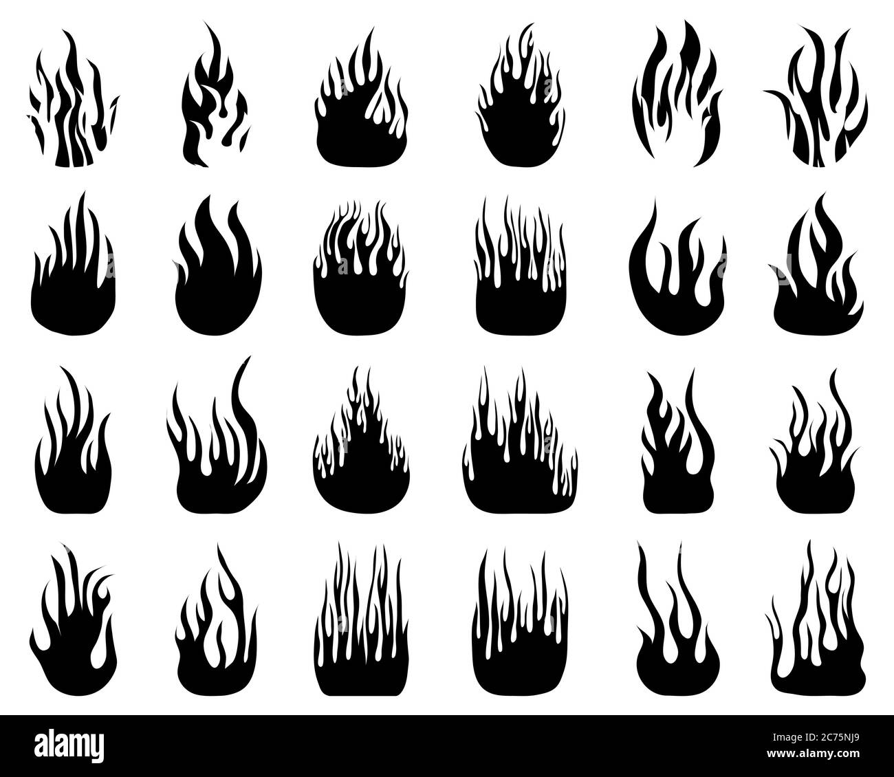 Silhouettes noires de flammes sur fond blanc Banque D'Images