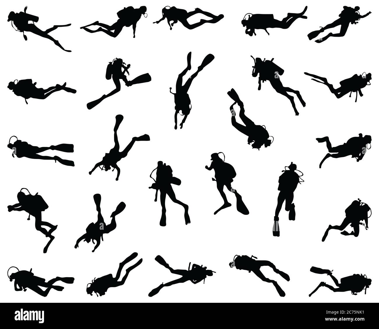 Silhouette noire de plongée sous-marine et de plongeurs gratuits sur fond blanc Banque D'Images