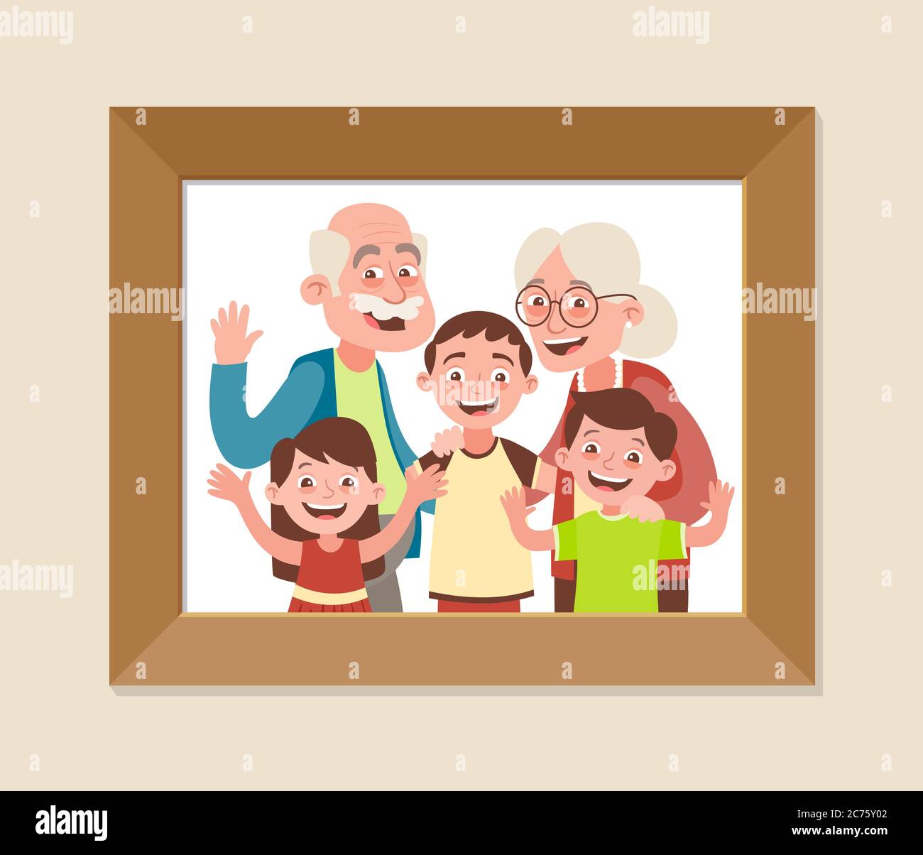 Photos encadrées des grands-parents et des petits-enfants. Fête des grands-parents. Heureux grands-parents et enfants. Illustration vectorielle en style dessin animé. Illustration de Vecteur