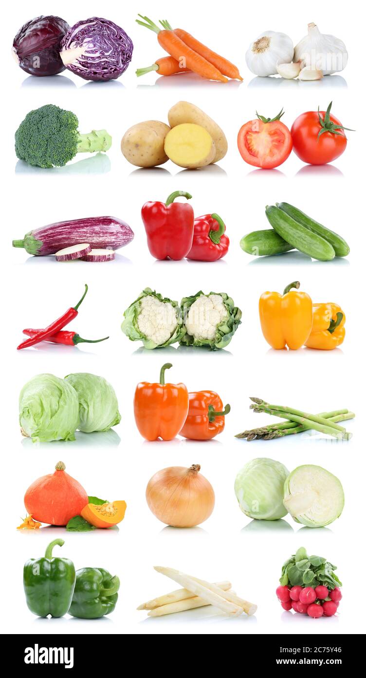 Collection de légumes tomates asperges carottes laitue nourriture fraîche légumes isolés sur fond blanc Banque D'Images