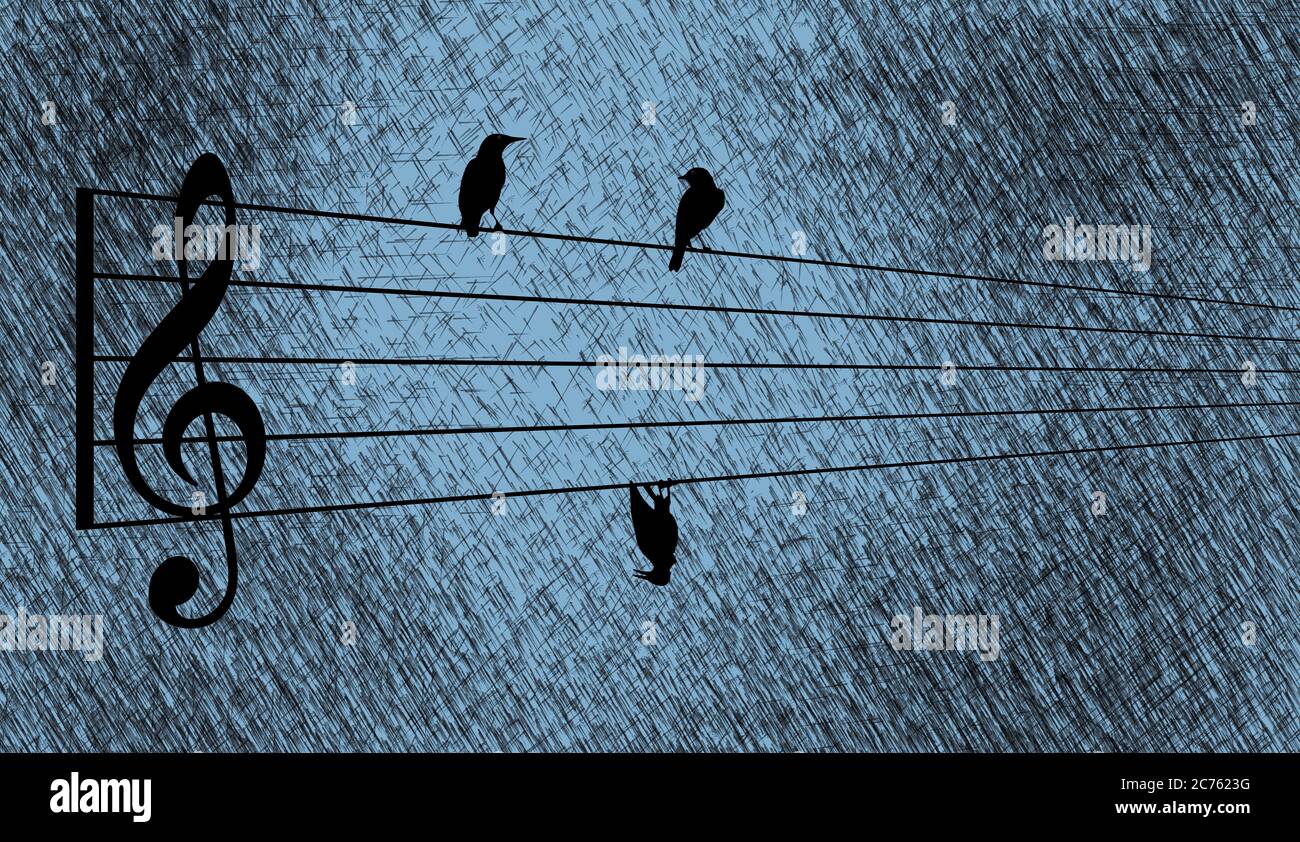 Les oiseaux reposent sur un personnel de musique comme s'il s'agissait de fils aériens. Un oiseau est mort et suspendu sur un fil. C'est une métaphore pour la mauvaise musique. Banque D'Images