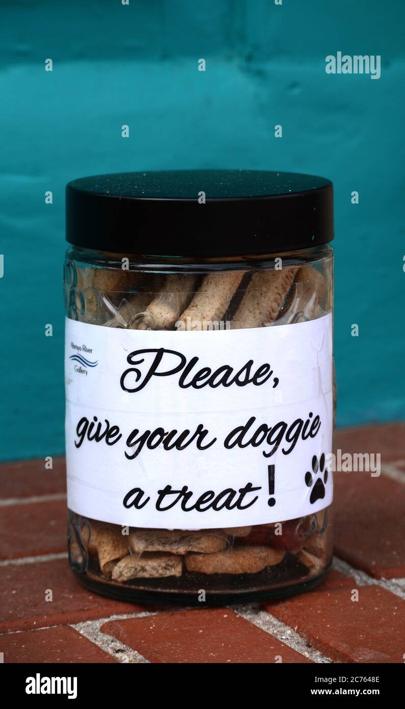 Un pot de friandises pour chiens placé à l'extérieur d'un magasin de vente au détail acceptant les chiens dans le centre-ville de Santa Fe, Nouveau-Mexique, États-Unis Banque D'Images