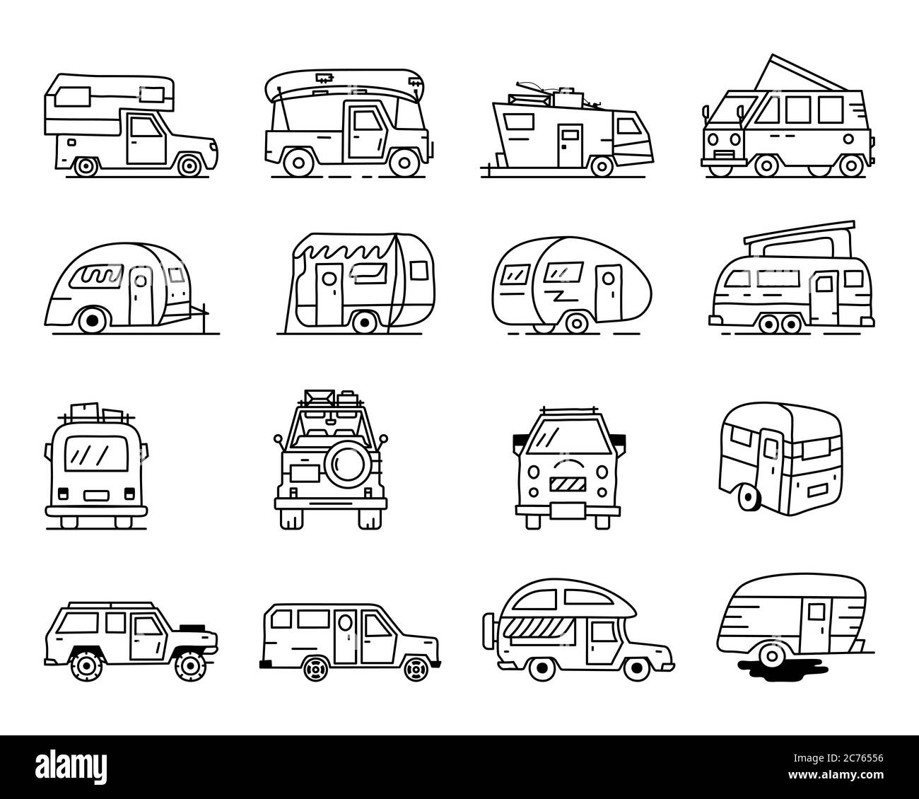 Vintage main dessiné camping-cars remorques de loisirs, icônes de voitures de camping. Graphiques de dessin au trait simples. Véhicules de camping, symboles fourgonnettes et caravanes. Vecteur de brut Illustration de Vecteur