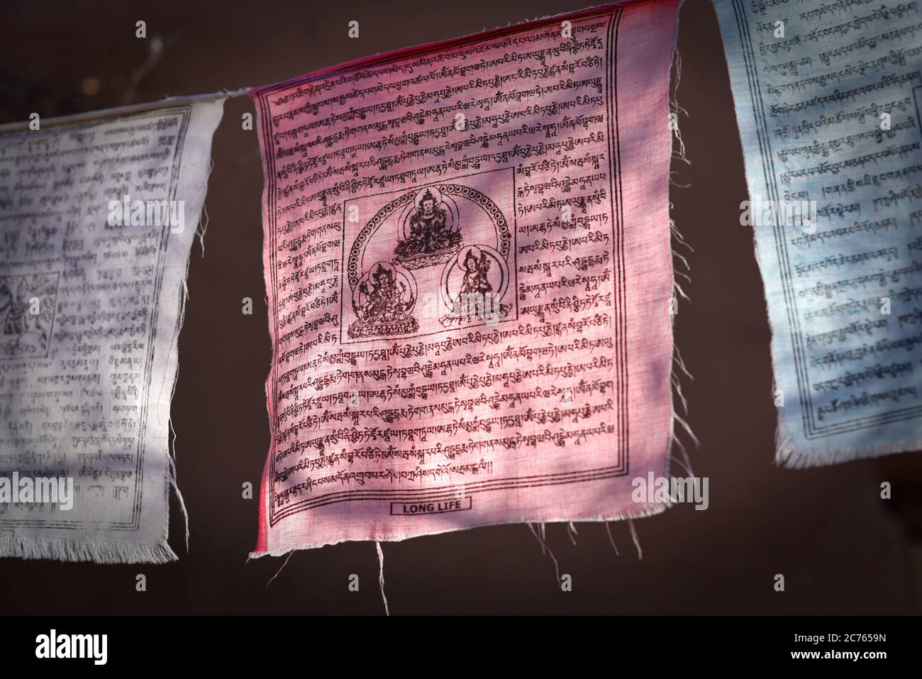 Un drapeau tibétain de prière offre une «longue vie» à ceux qui prient. Banque D'Images Un drapeau tibétain de prière offre une «longue vie» à ceux qui prient. Banque D'Images