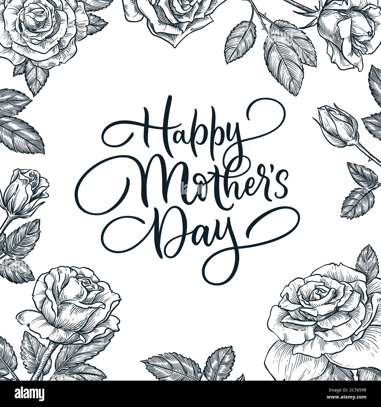 Joyeux fête des mères carte de voeux décoration avec lettrage calligraphie de vacances dessiné à la main. Cadre carré avec fleurs roses et feuilles. Vecteur s Illustration de Vecteur