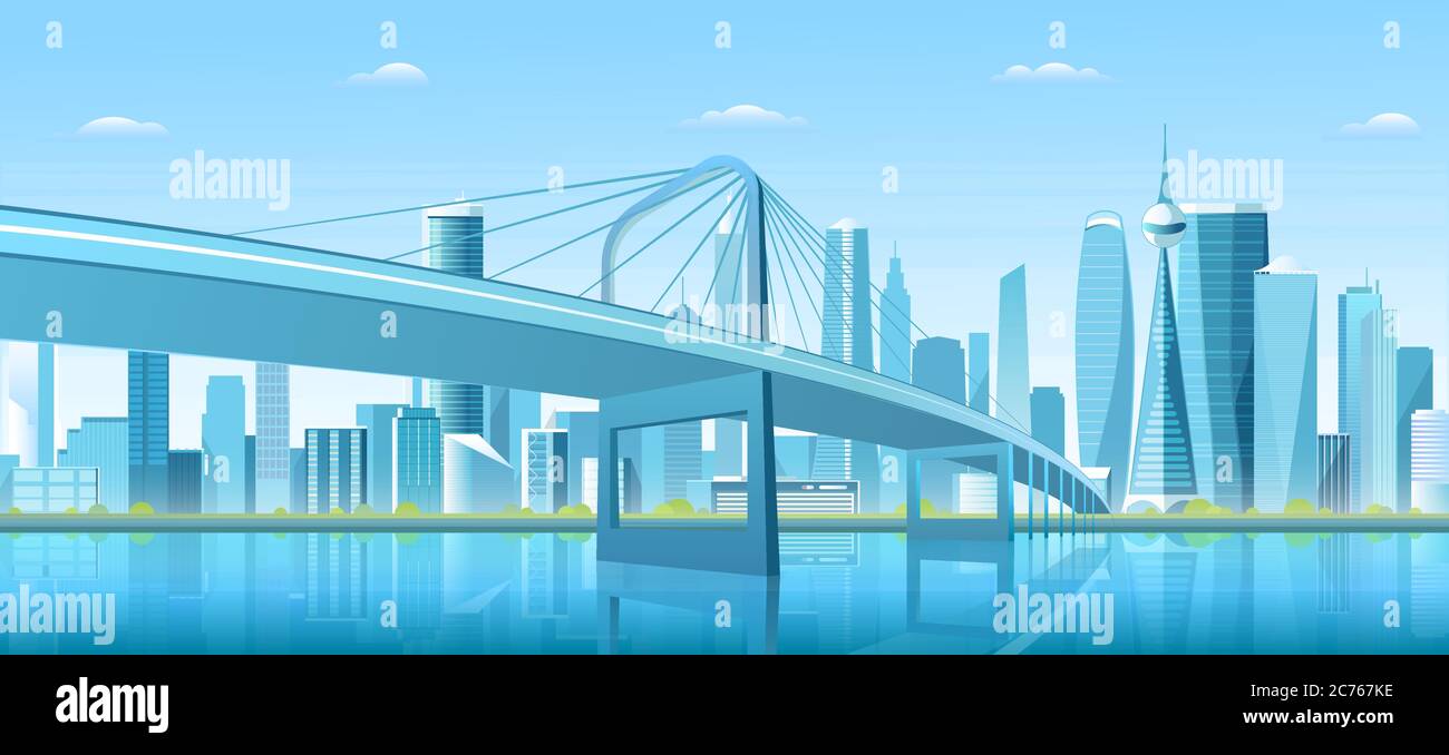 Illustration vectorielle pont de ville sur baie d'eau. Dessin animé plat moderne nouveau pont vers le centre-ville futuriste métropole, bleu centre-ville paysage avec bâtiments en bord de mer, tour gratte-ciel vue paysage Illustration de Vecteur