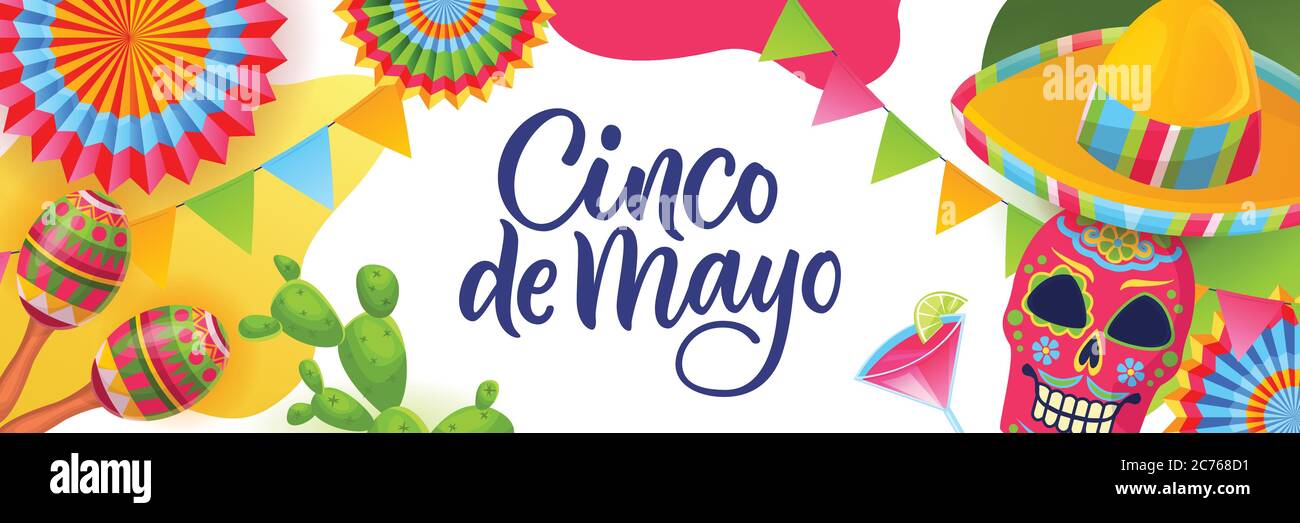 Cinco de Mayo fiesta, modèle de bannière horizontale ou d'affiche. Carte cadeau de bienvenue avec lettres calligraphiques et symboles nationaux mexicains sur blanc Illustration de Vecteur