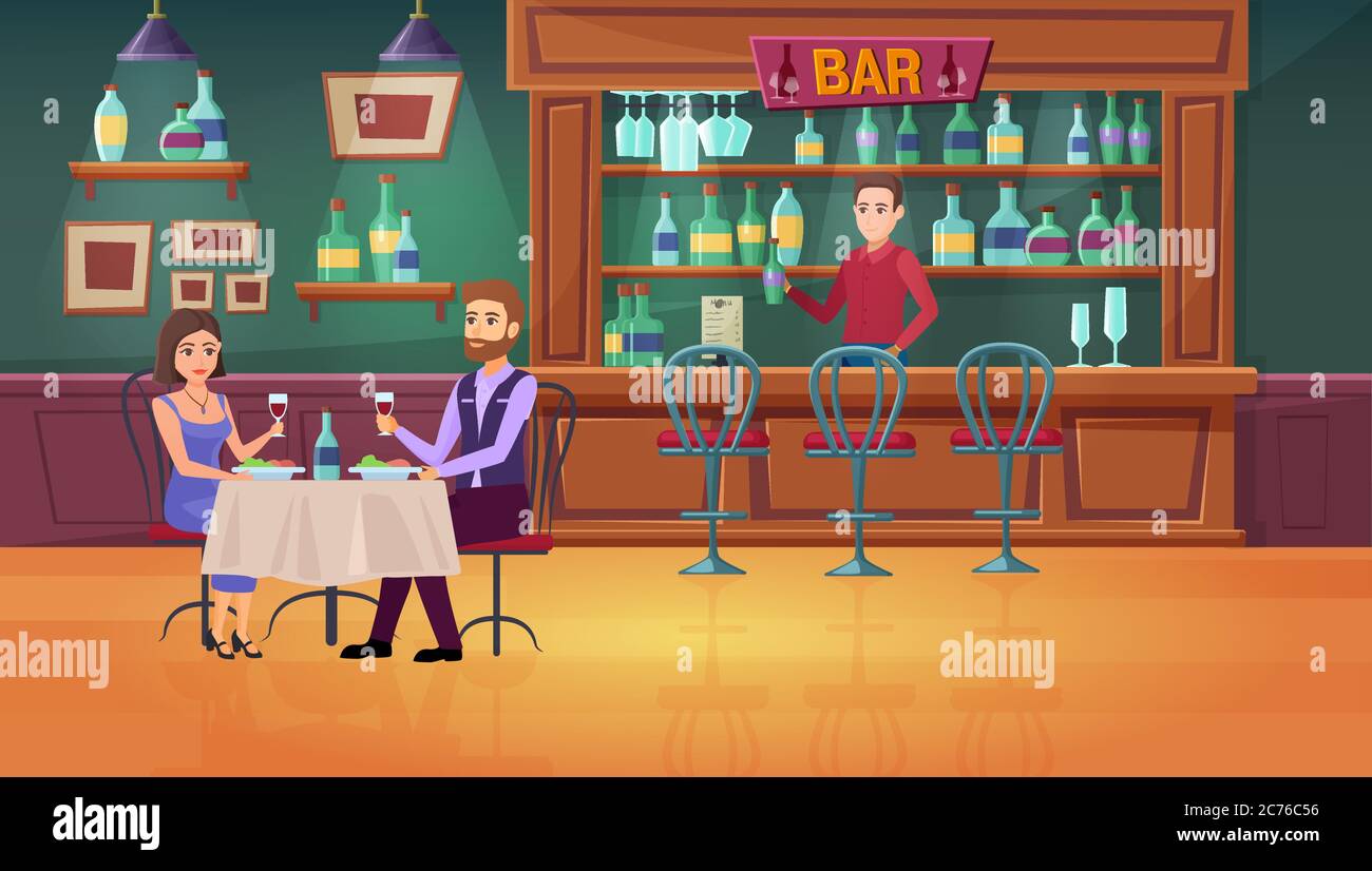 Couple de personnes dans l'illustration du vecteur de barre. Caricature homme plat femme personnages rencontre, datant boire du vin à l'intérieur du restaurant, barman de barista debout au comptoir de bar, ambiance romantique dîner Illustration de Vecteur