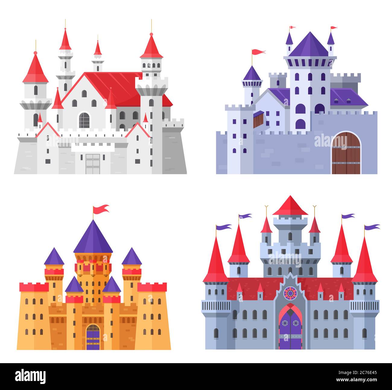 Ensemble d'illustrations vectorielles du château médiéval de fort. Dessin animé plat ancien Royaume de fantaisie collection de forteresse royale de conte de fées pour le roi et la reine, citadelle de fées, palais fortifiés avec porte isolée sur blanc Illustration de Vecteur