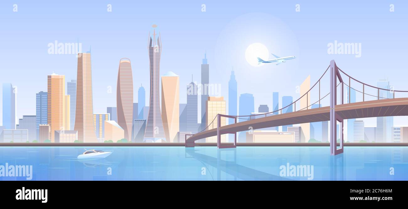 Illustration vectorielle paysage City Bridge. Dessin animé plat moderne futuriste métropole concept, centre-ville avec de hauts bâtiments construction gratte-ciel, infrastructure de pont, avion de vol Illustration de Vecteur