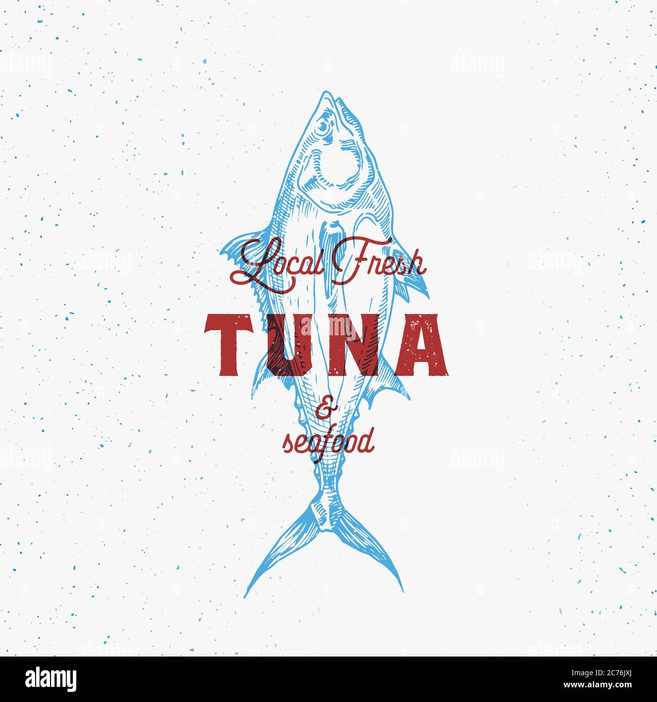 Thon frais et fruits de mer locaux. Modèle de signe, symbole ou logo abstrait vectoriel. Poisson thoné dessiné à la main avec Typographie rétro élégante. Emblème vintage Vector Illustration de Vecteur