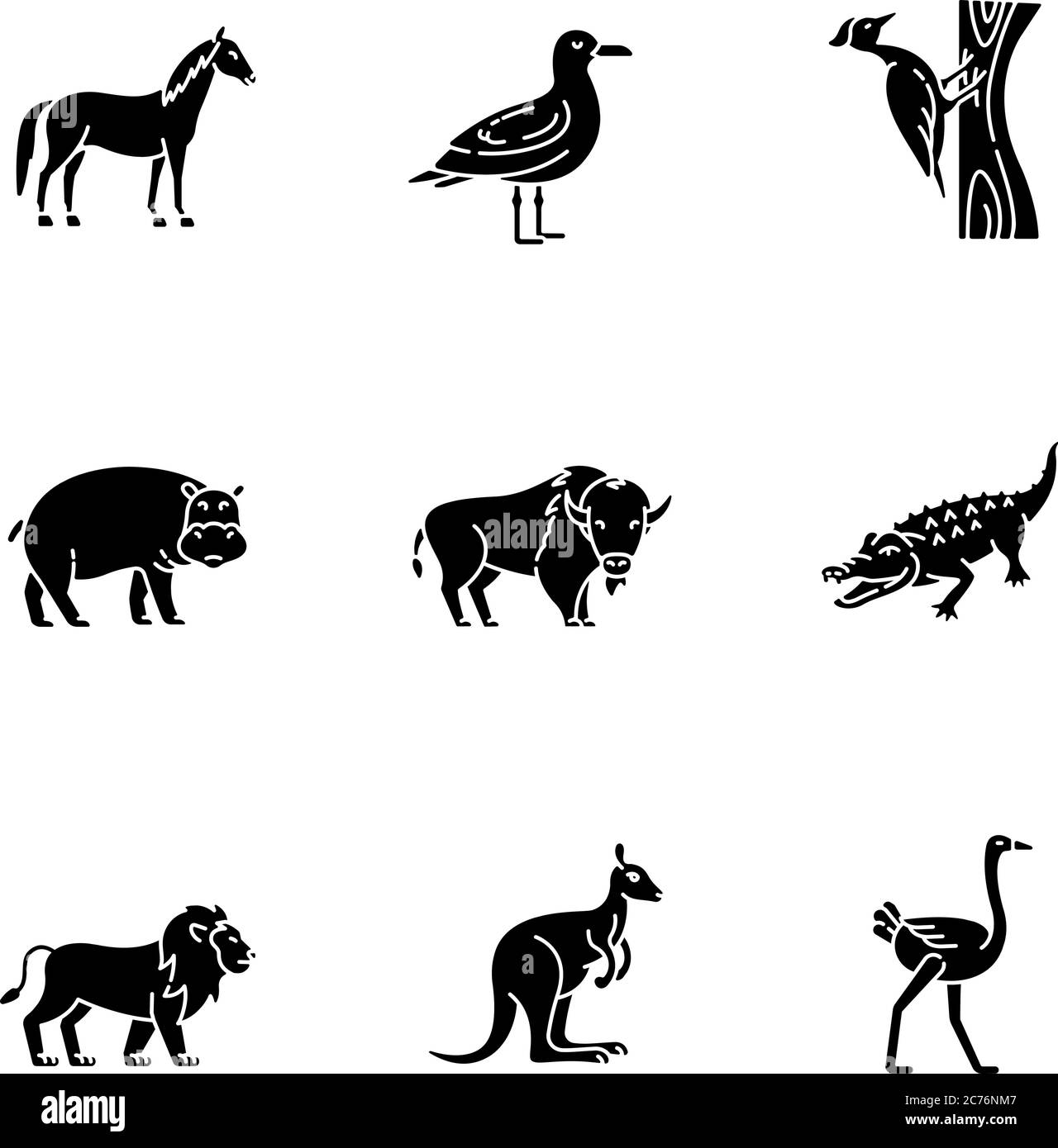 Les icônes de glyphe noir des animaux volants et terrestres sont placées sur un espace blanc. Symboles représentant des oiseaux communs et des espèces exotiques. Divers mammifères herbivores et carni Illustration de Vecteur