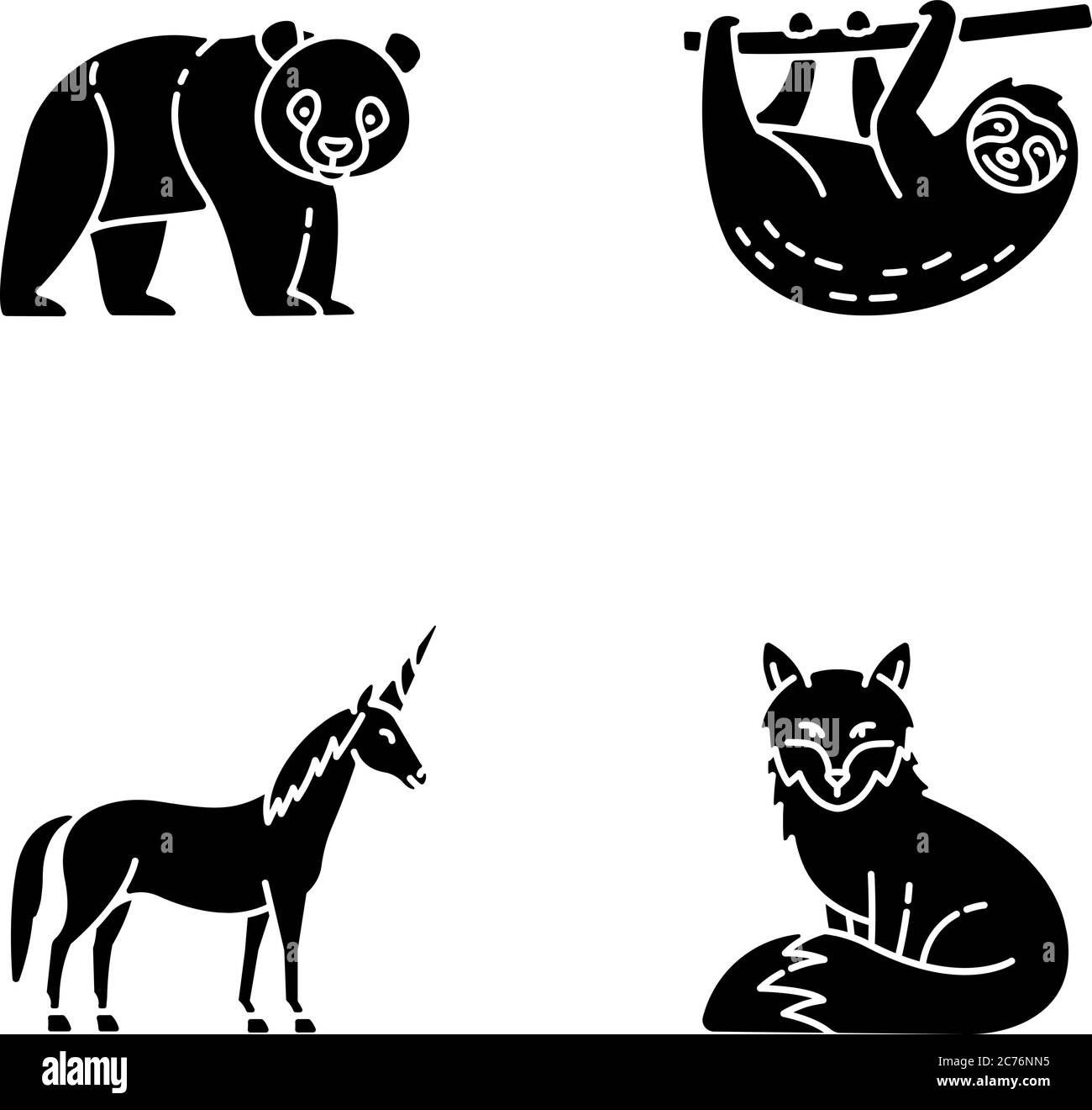 Les icônes de glyphe noir des animaux communs et fantaisie sont placées sur un espace blanc. Symboles représentant l'ours de panda, le paresseux, le renard et la silhouette magique du licorne. Les habitants du zoo tropical Illustration de Vecteur