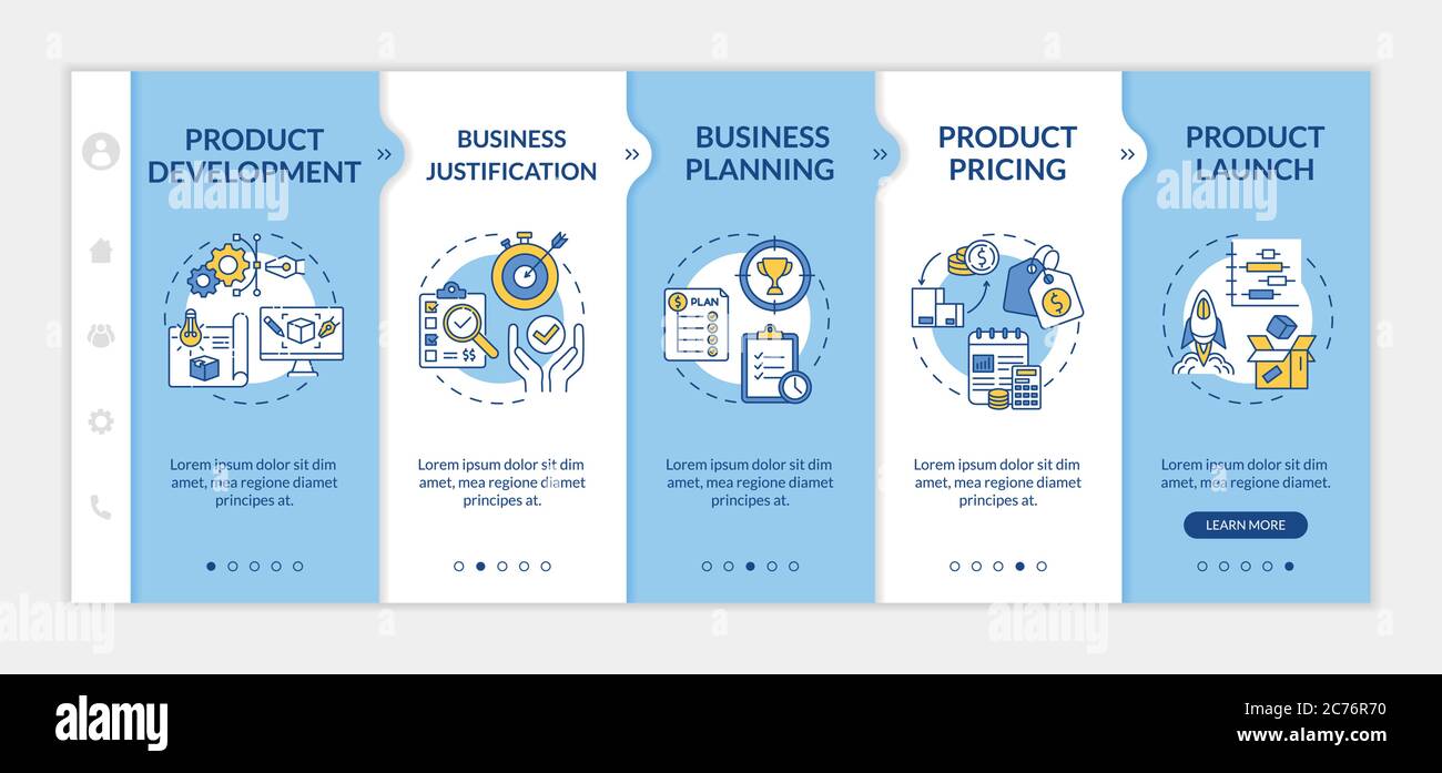 Modèle de scénario d'intégration de la gestion des produits. Planification des activités. Analyse marketing. Lancement de la marchandise. Site Web mobile réactif avec icônes. Page Web Illustration de Vecteur