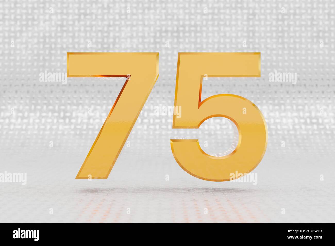 Numéro 3d jaune 75. Numéro métallique jaune brillant sur fond de sol métallique. Alphabet métallique doré brillant avec reflets lumineux studio. caractère de police de rendu 3d. Banque D'Images