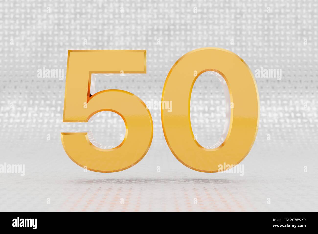 Numéro 3d jaune 50. Numéro métallique jaune brillant sur fond de sol métallique. Alphabet métallique doré brillant avec reflets lumineux studio. caractère de police de rendu 3d. Banque D'Images