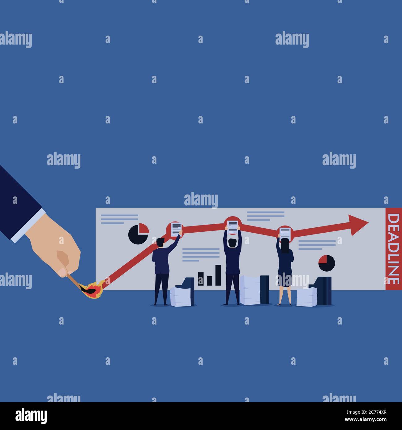 L'équipe commerciale est occupée à préparer l'analyse du rapport financier avec la date limite. Modèle de page d'arrivée d'entreprise. Illustration de Vecteur