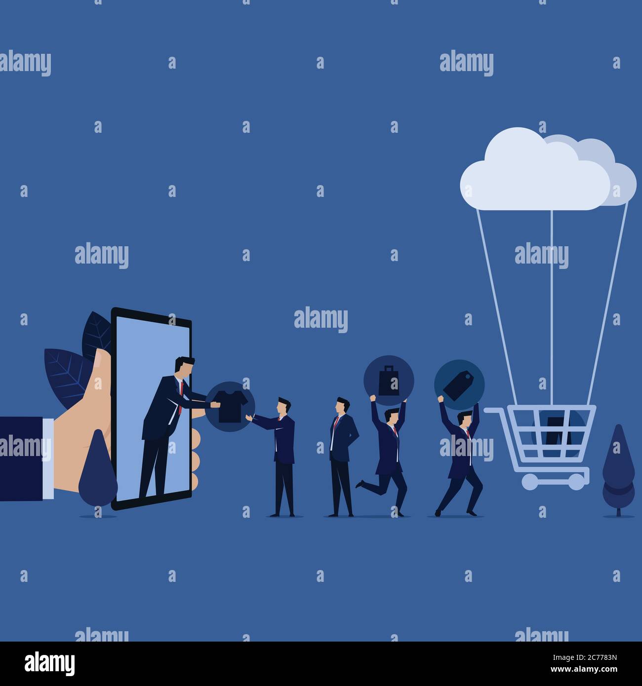 L'équipe d'affaires apporte des vêtements jeans icônes de réduction à la métaphore du panier de commande en ligne. Illustration de Vecteur