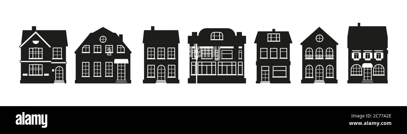 Maison noire urbaine et suburbaine. Glyphe maisons silhouette Amsterdam ensemble. Ville emblématique, style européen. Architecture différente bâtiment grande ville. Isolé sur une illustration vectorielle blanche Illustration de Vecteur