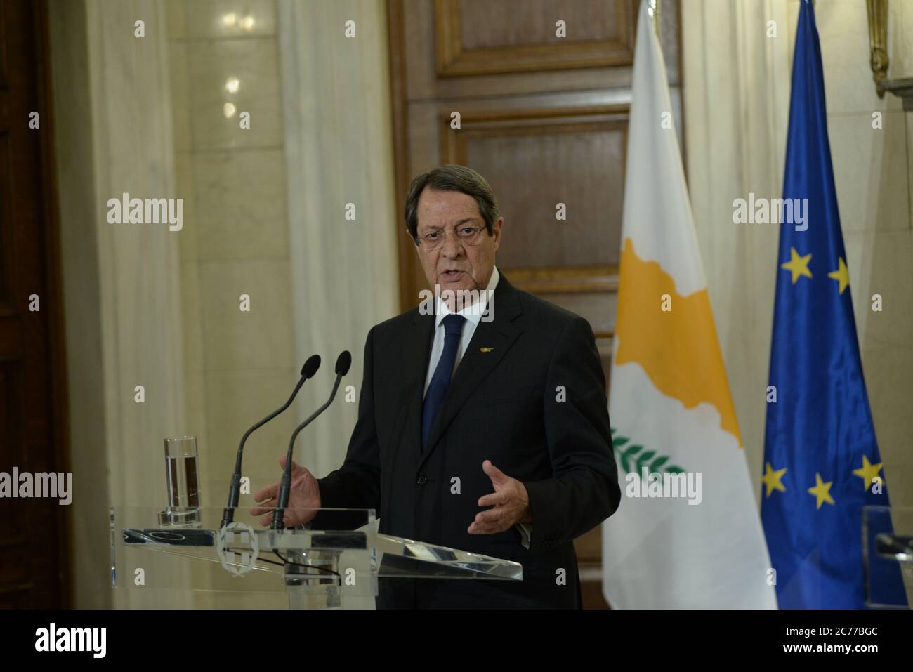 Athènes, Grèce. 14 juillet 2020. Nicos Anastasiades Président de la République de Chypre, au cours des déclarations avec le Premier Ministre grec Kyriakos Mitsotakis. (Photo par Dimitrios Karvountzis/Pacific Press) crédit: Pacific Press Agency/Alay Live News Banque D'Images