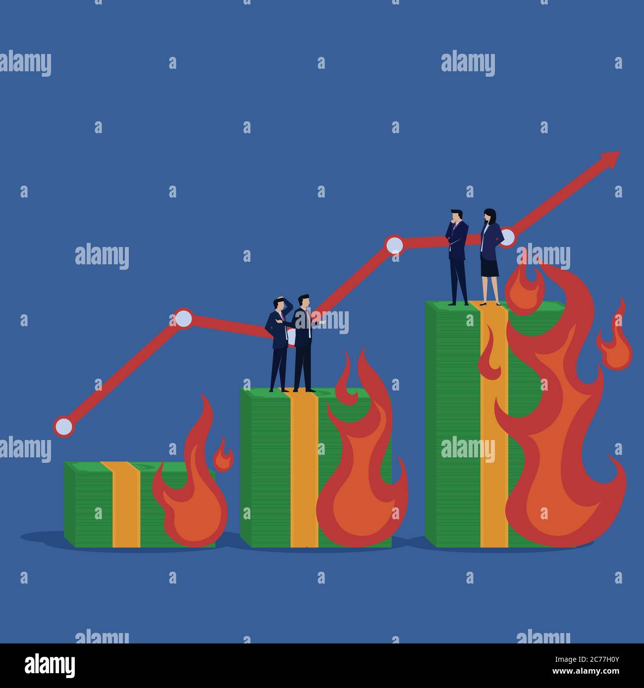 Business Flat Vector concept combustion d'argent pour la croissance économique au démarrage. Illustration de Vecteur