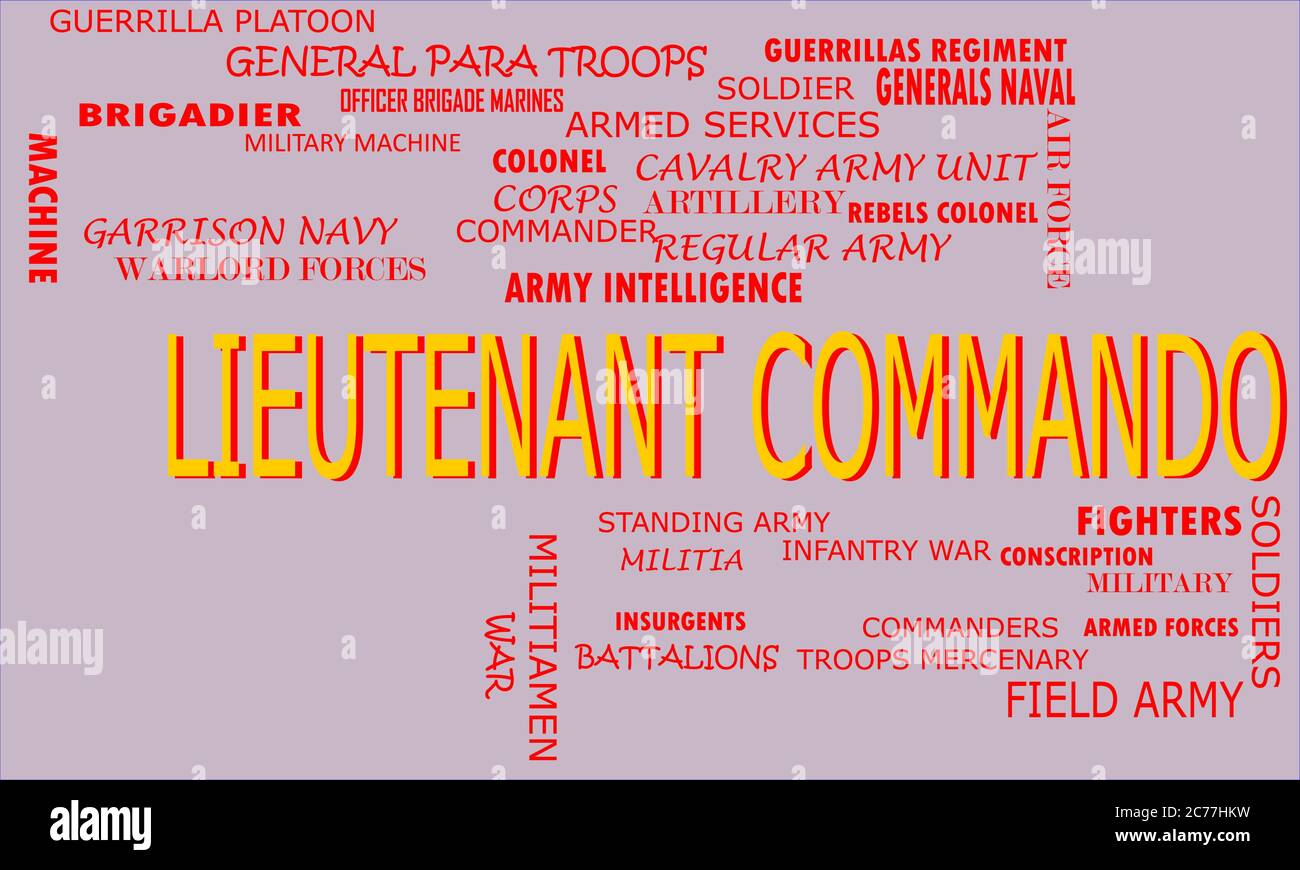 Lieutenant commando mots et post présenté sur le texte coloré vecteur de nuage résumé. Illustration de Vecteur