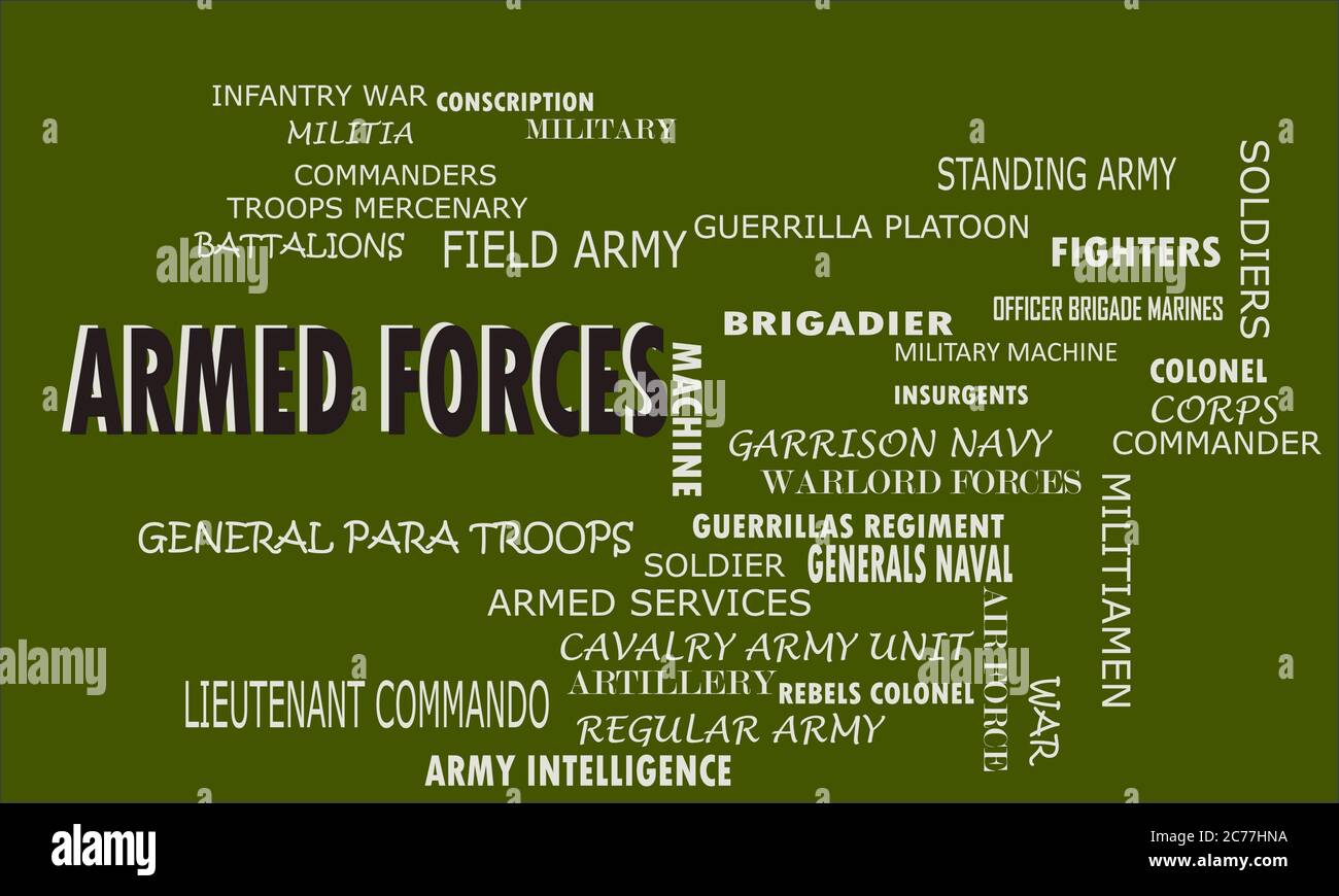 Mots et post liés aux forces armées présentés sur le texte coloré vecteur nuage résumé. Illustration de Vecteur
