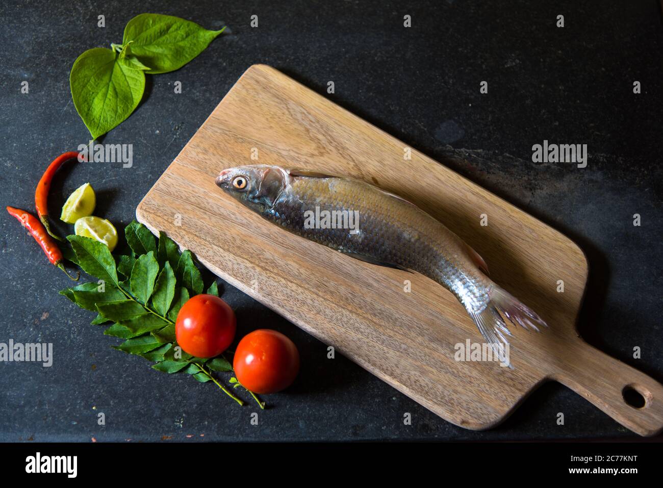 Poisson cru sur un fond avec utilisation de l'accent sélectif sur une partie particulière du poisson et le reste du poisson et d'autres ingrédients flous. Banque D'Images