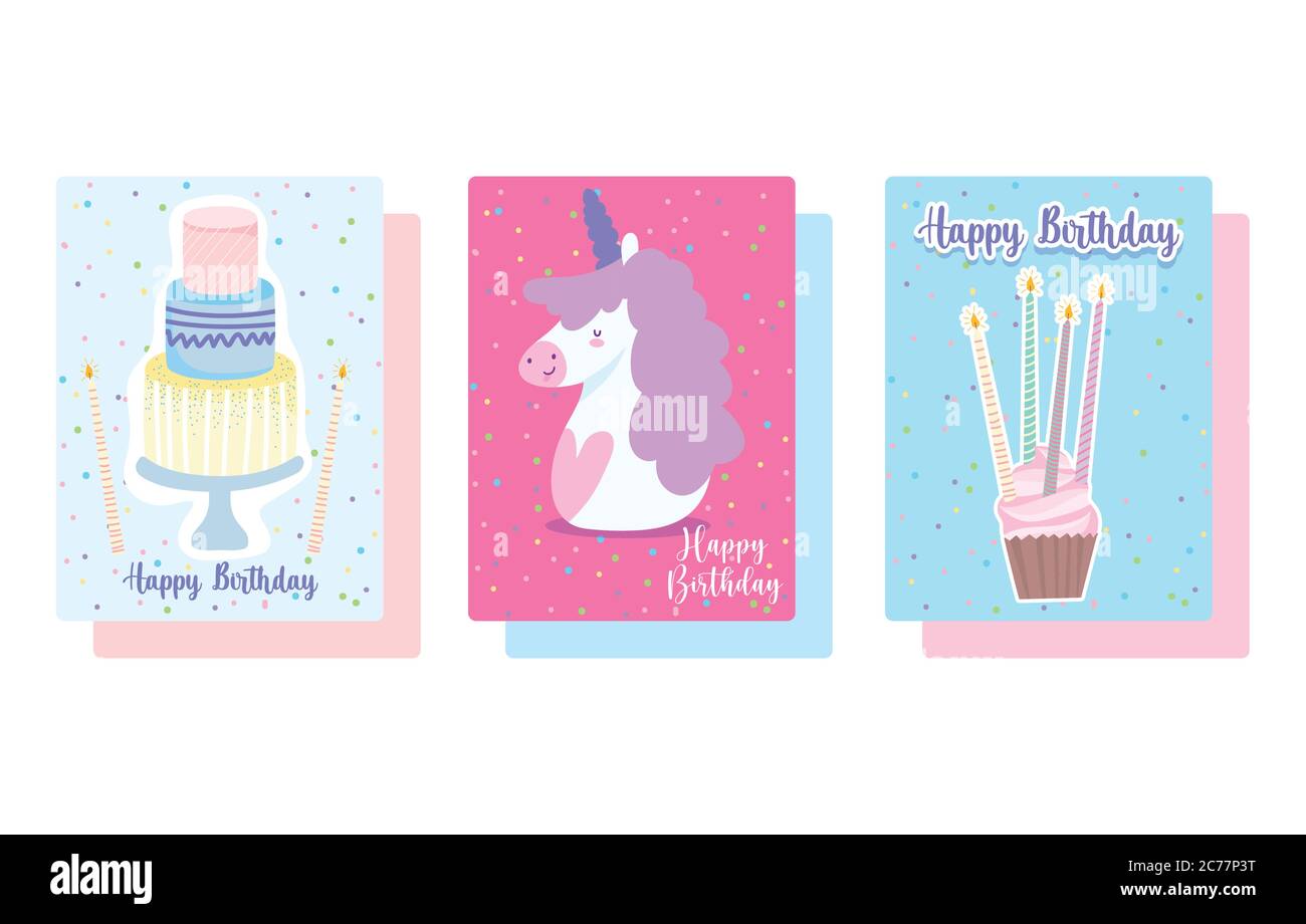 Joyeux Anniversaire Cupcake Et Gateau Au Licorne Avec Bougies Dessin Anime Celebration Decoration Carte Illustration Vectorielle Image Vectorielle Stock Alamy