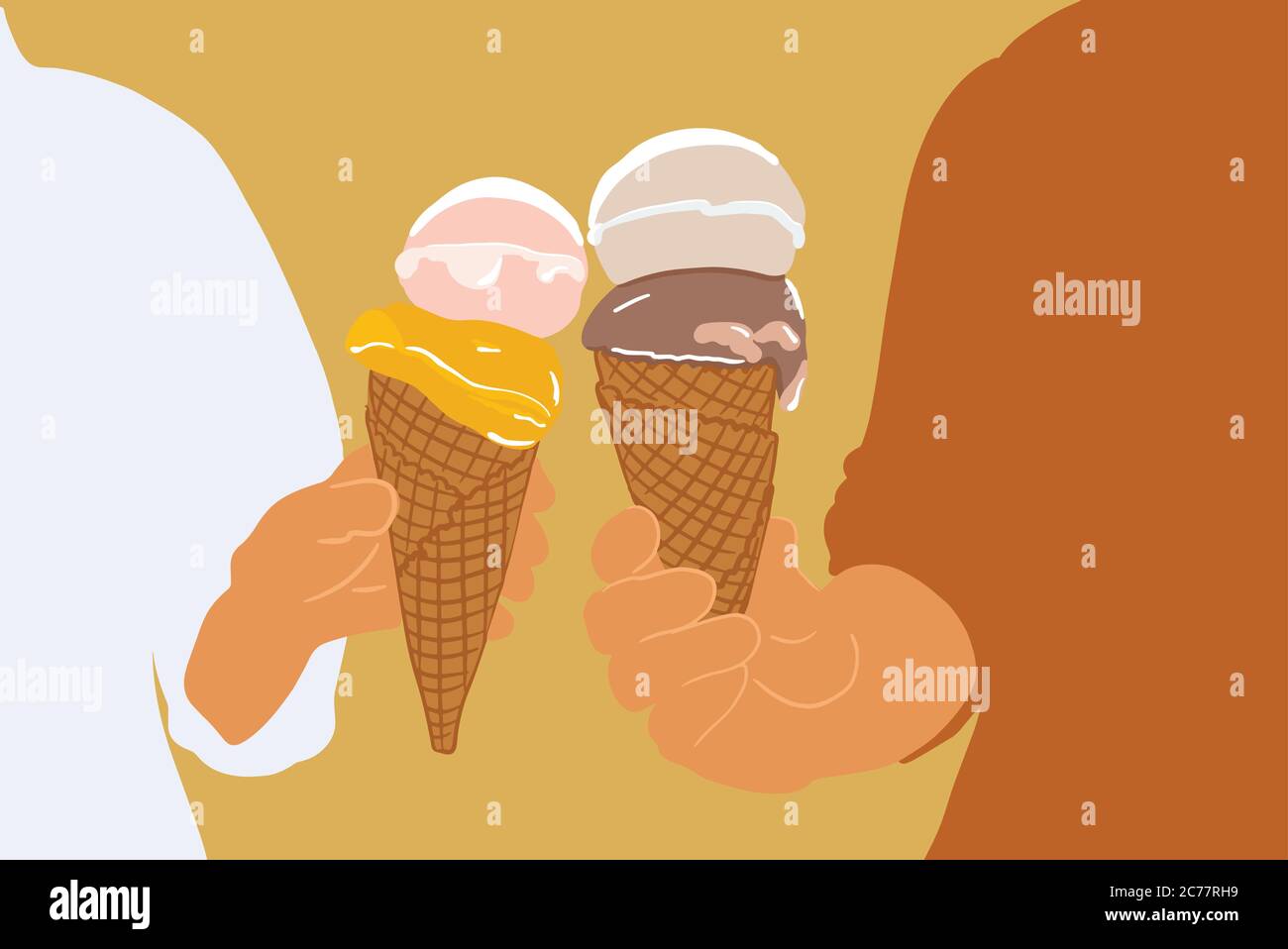 Couple tenant deux crèmes glacées dans un cône de gaufre sur le fond, gros plan. Illustration vectorielle de style dessin animé plat Illustration de Vecteur