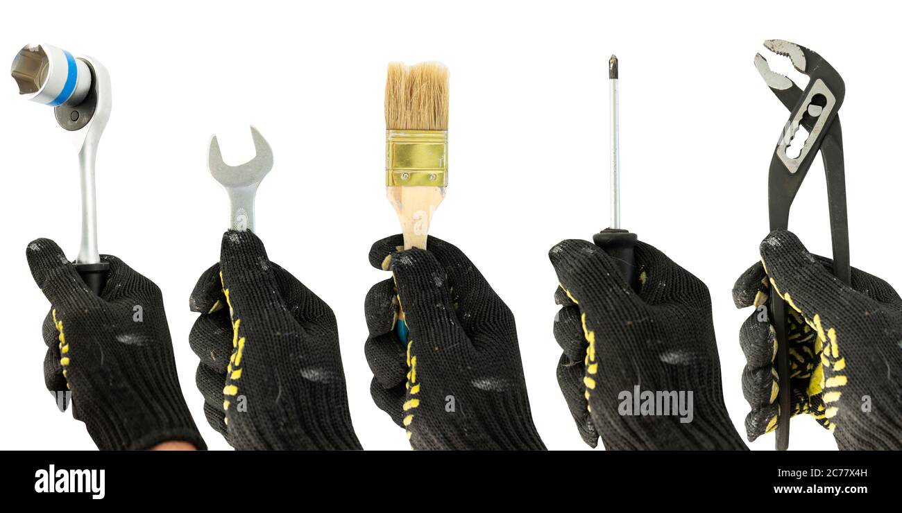 collage avec outils sur fond blanc Banque D'Images