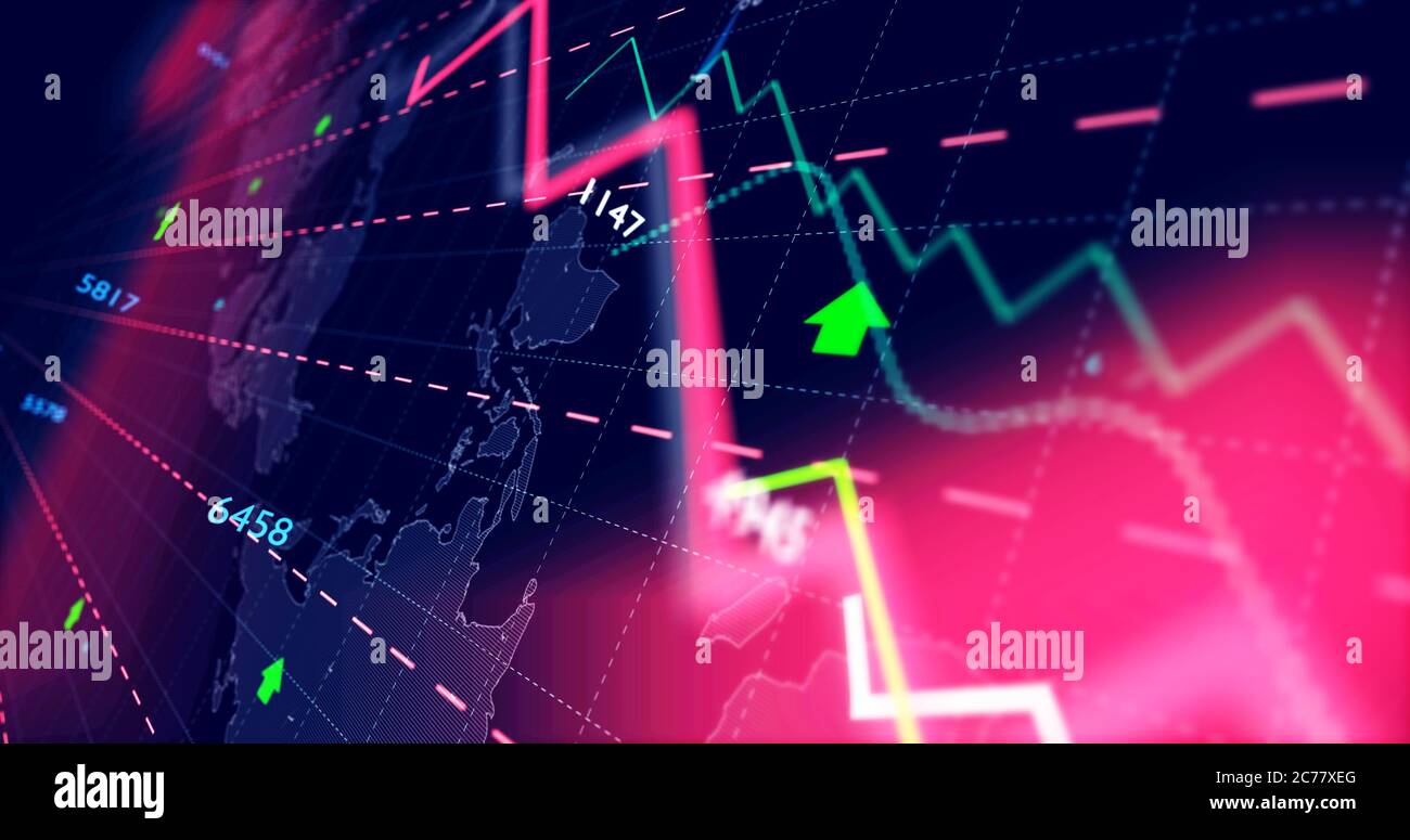 Graphique avec carte du monde en arrière-plan illustration 3D fluide et en boucle. Graphique de la courbe de croissance. Affaires mondiales, bourse, marchés en hausse, finance Banque D'Images