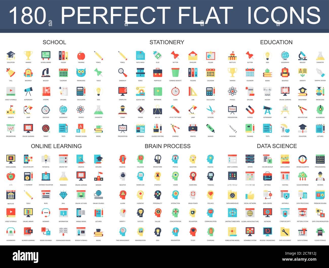 180 icônes modernes ensemble d'école, papeterie, éducation, apprentissage en ligne, processus cérébral, icônes de science des données Illustration de Vecteur
