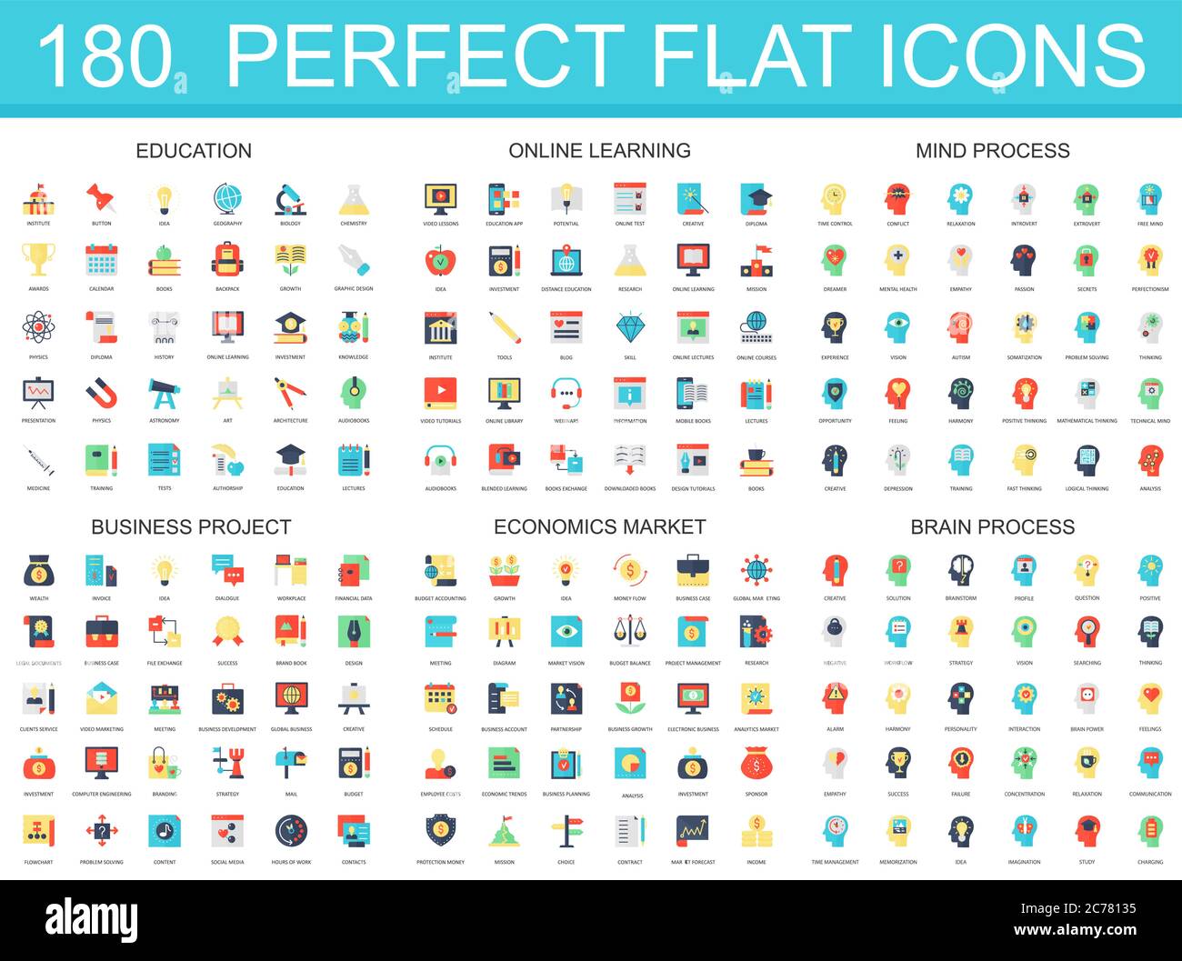 180 ensemble moderne d'icônes plates de l'éducation, l'apprentissage en ligne, le processus d'esprit de cerveau, projet d'affaires, économie de marché icônes Illustration de Vecteur