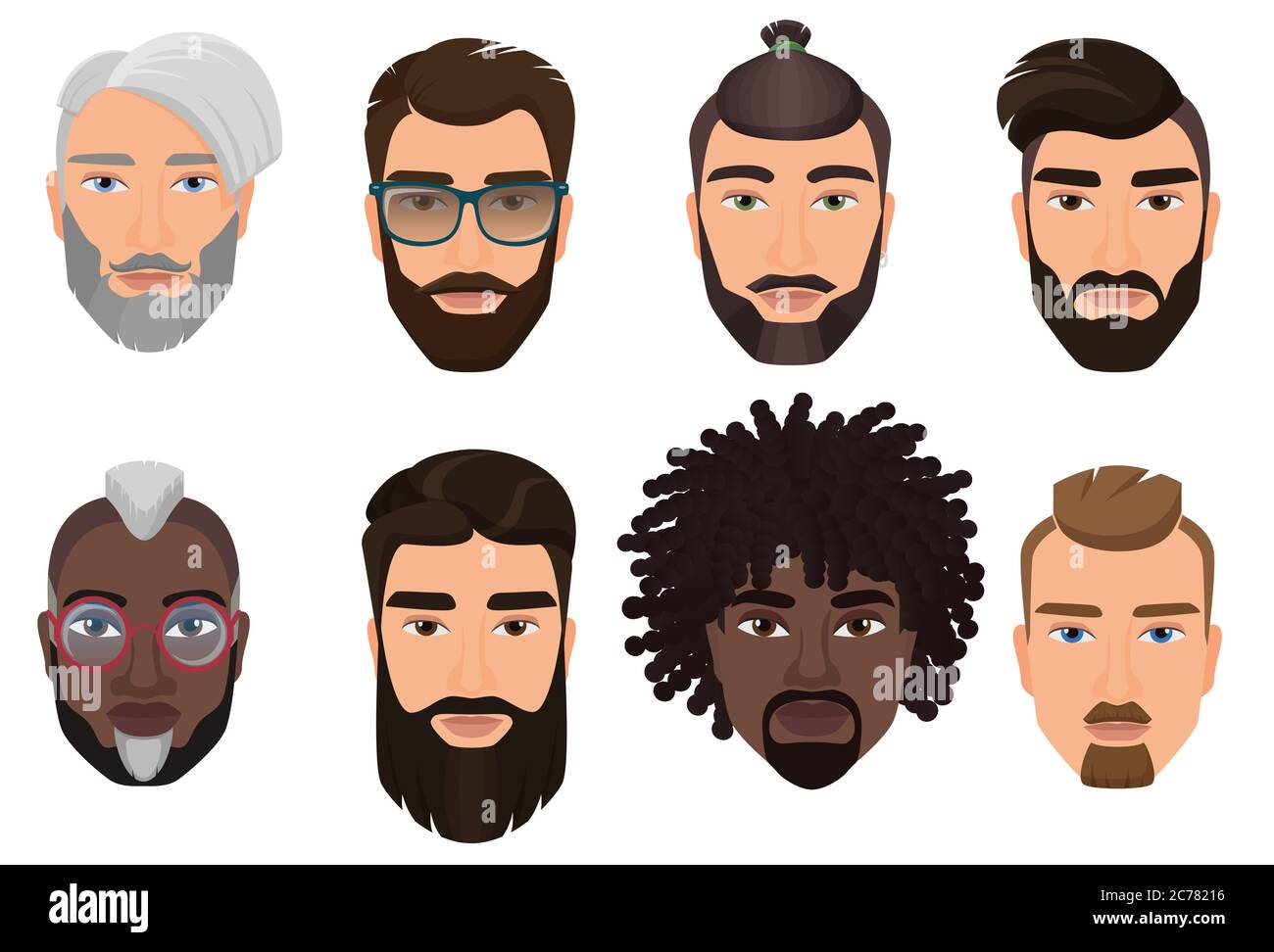 Dessins animés colorés hippsters barbus hommes gars avatars avec différents styles de cheveux, barbes et moustaches isolés Illustration de Vecteur
