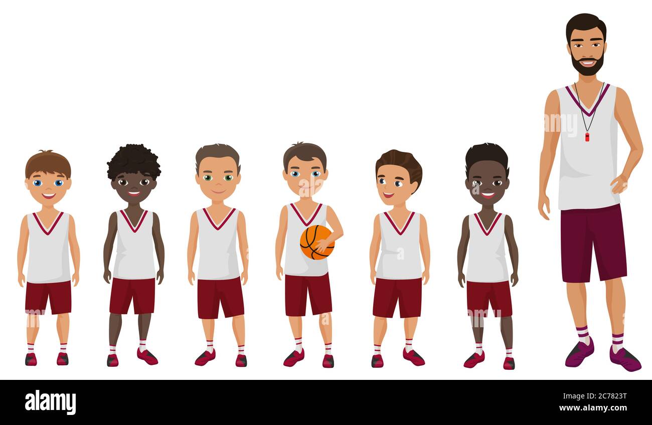 Vector Cartoon Flat School garçons basket-ball équipe des enfants debout avec leur entraîneur Illustration de Vecteur