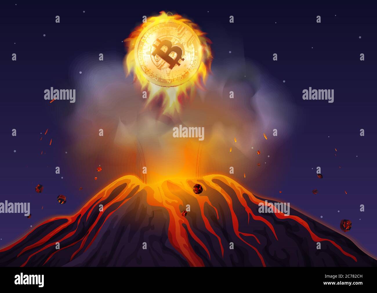 Illustration vectorielle du bitcoin en cas de feu sortant du volcan la nuit. Explosion du volcan Bitcoin Illustration de Vecteur