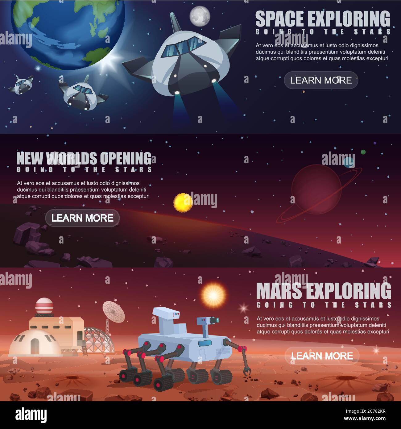 Bannières vectorielles d'exploration de vaisseaux spatiaux, de planètes extraterrestres dans l'espace, de la galaxie Mars rover et de la colonisation Illustration de Vecteur