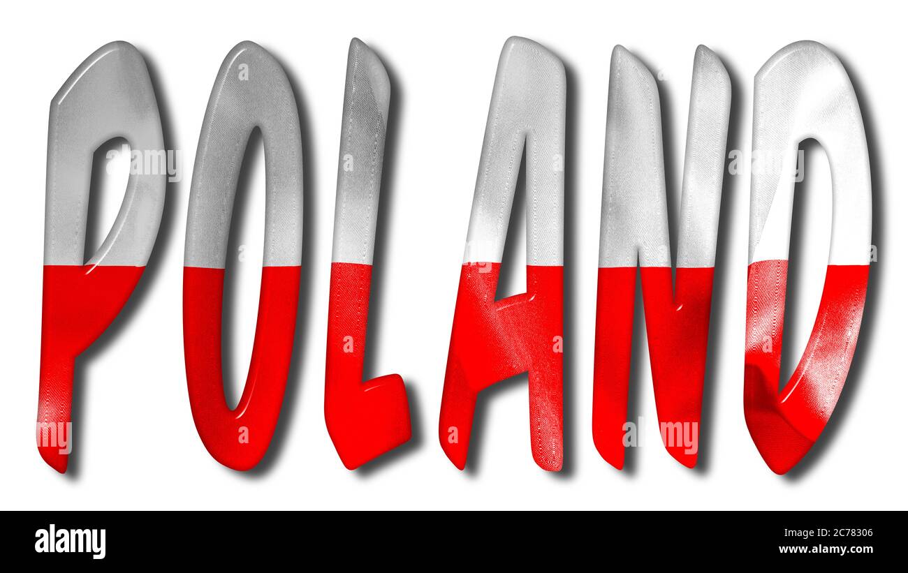 Illustration 3D Poland Word avec une texture drapeau sur un fond blanc isolé avec un chemin de découpe pour avec et sans ombre Banque D'Images