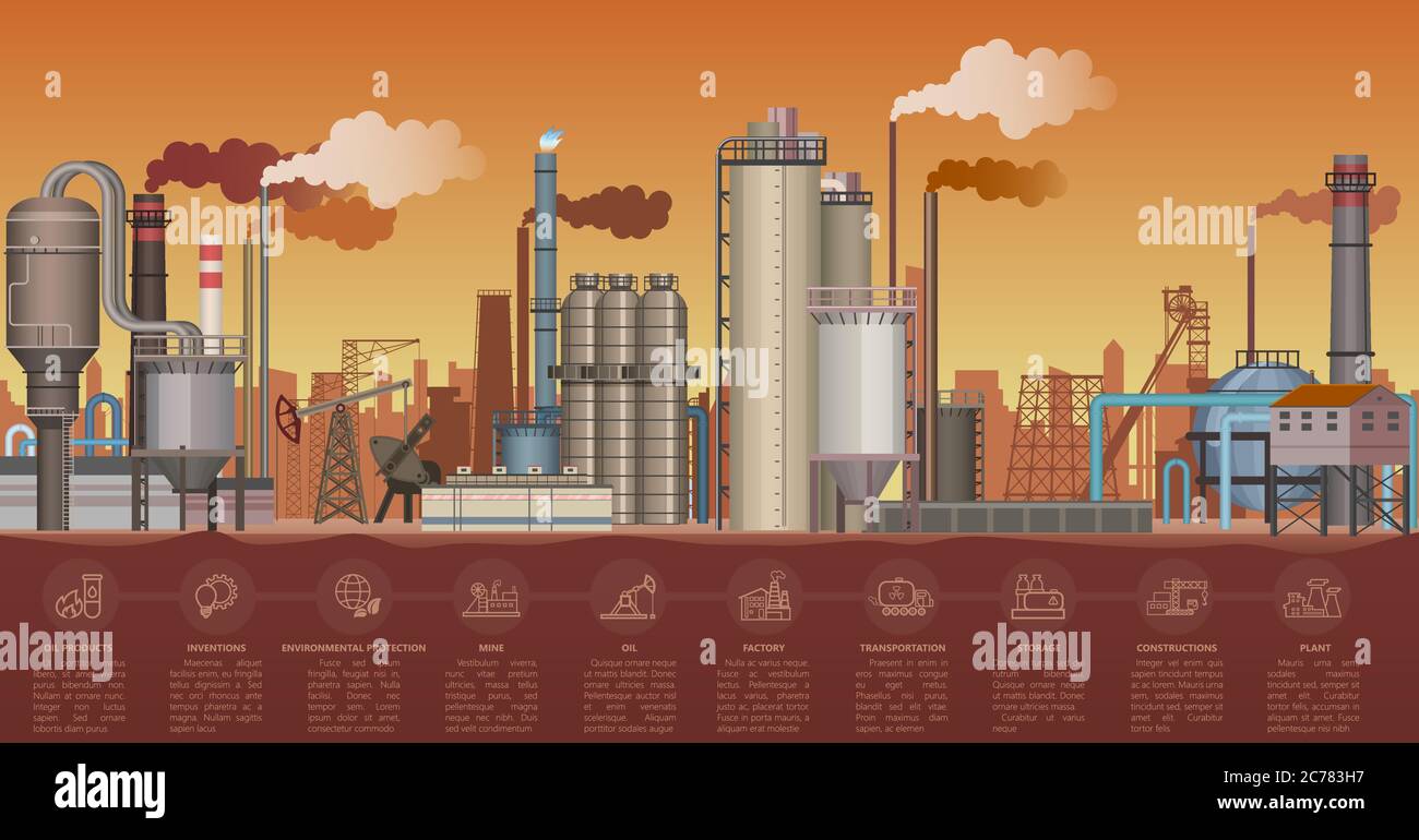 Bâtiments industriels lourds paysage. Illustration vectorielle avec éléments d'icônes graphiques Illustration de Vecteur