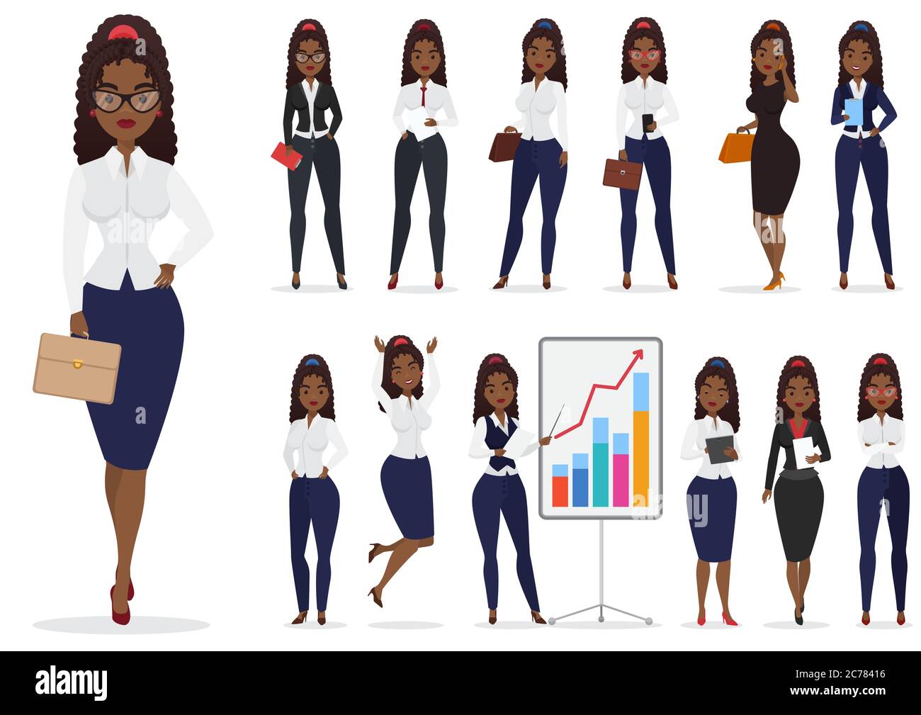 African american noir femme d'affaires personnage différentes poses design set. Conception vectorielle Illustration de Vecteur