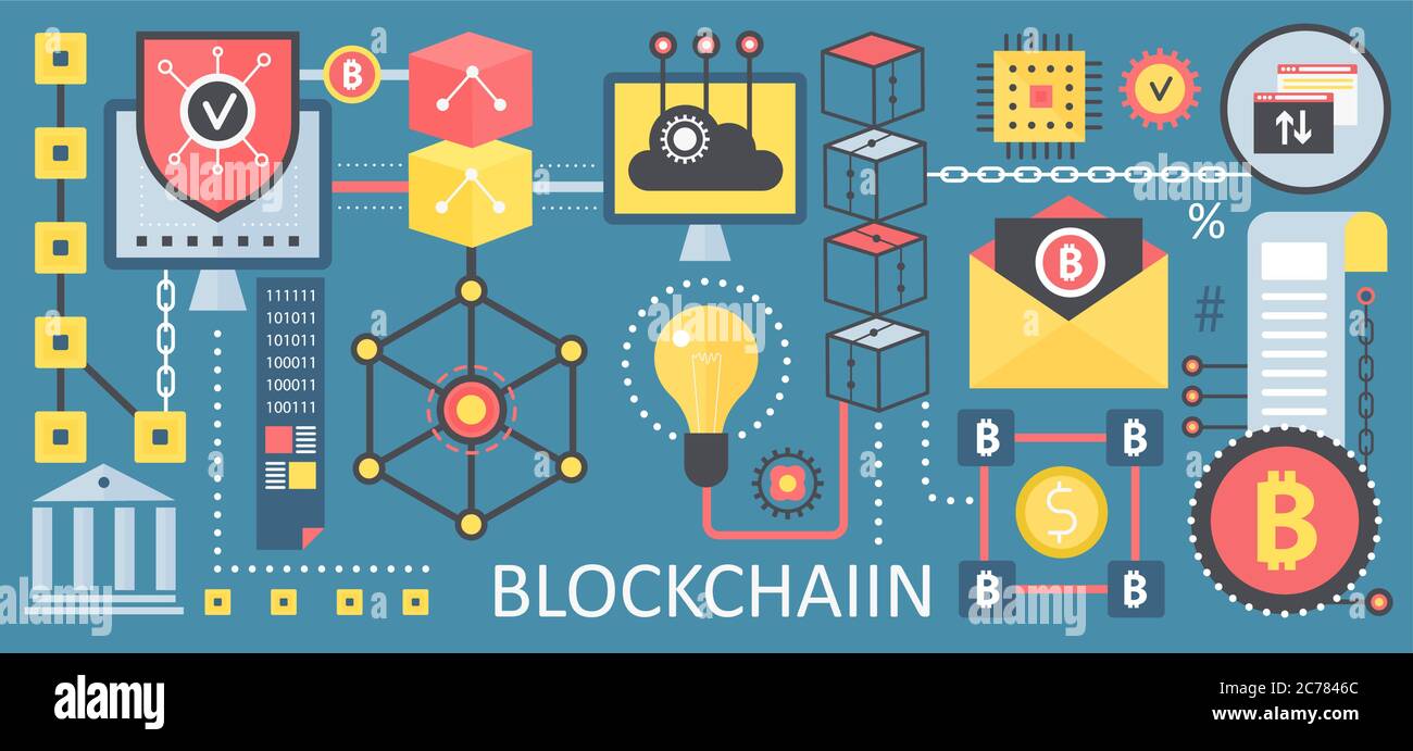 Icônes de concept de technologie de réseau Bitcoin, crypto-monnaie et blockchain. Poster Vector Blockchain Illustration de Vecteur