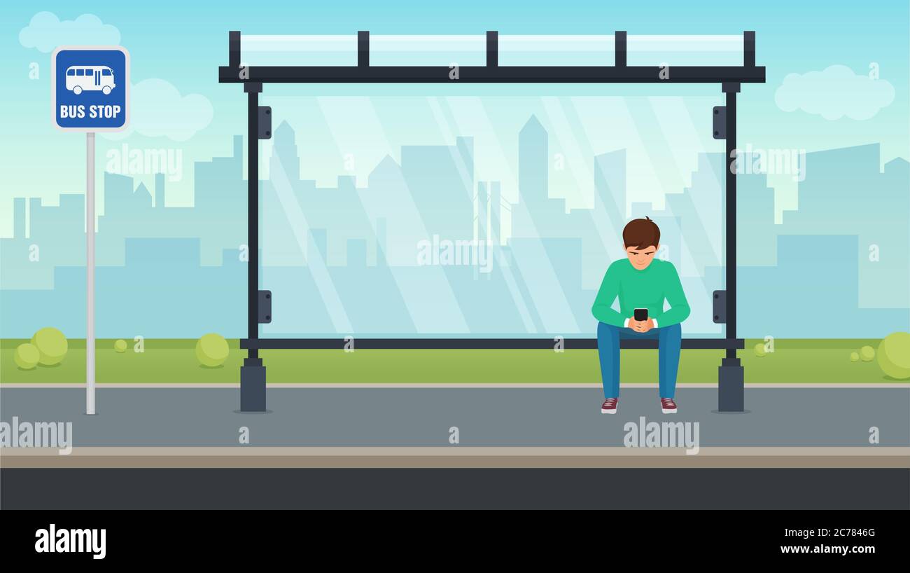 Jeune homme assis seul à l'arrêt de bus et utilisant son téléphone. Illustration vectorielle Illustration de Vecteur