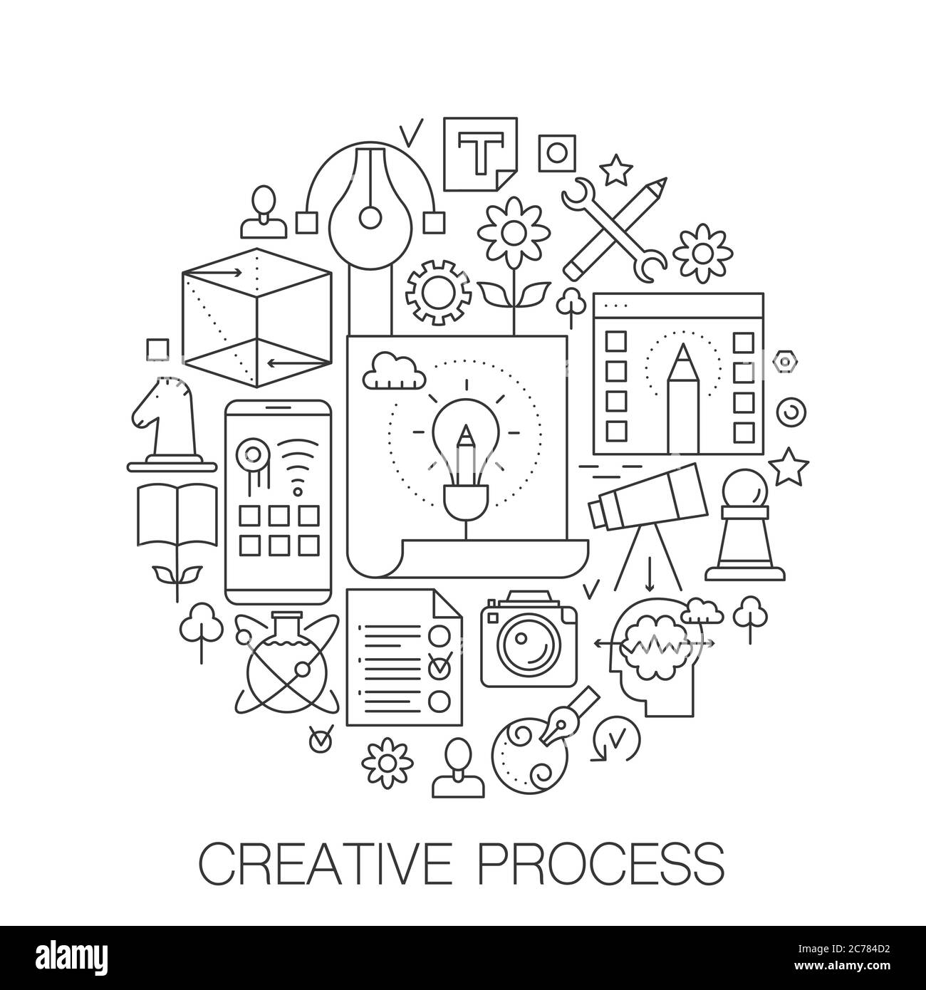 Processus créatif en cercle - illustration de la ligne conceptuelle pour la couverture, l'emblème, le badge. Créativité jeu d'icônes de trait fin Illustration de Vecteur