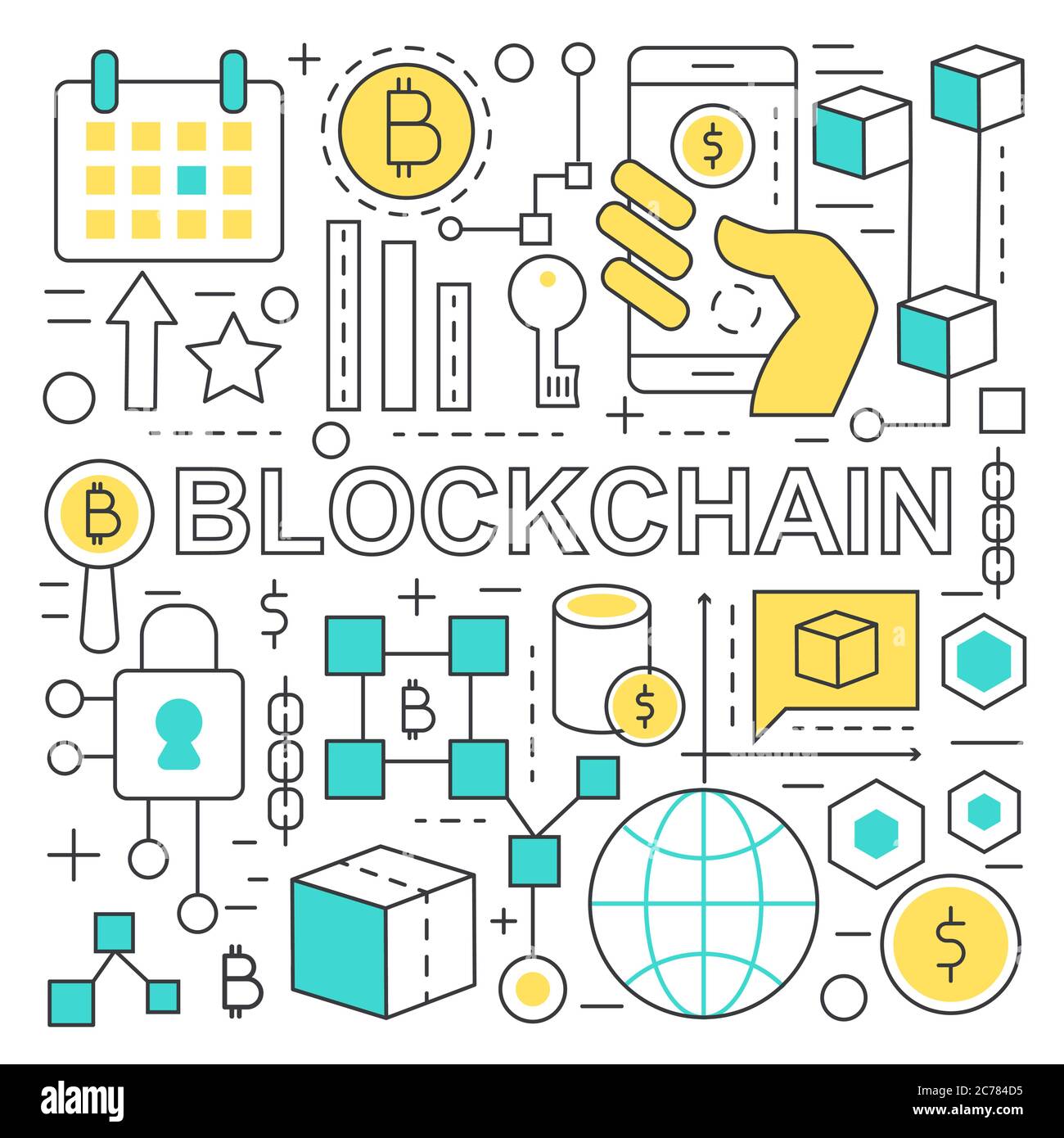 Texte de la blockchain et concept de financement de réseau global avec éléments de la blockchain Illustration de Vecteur