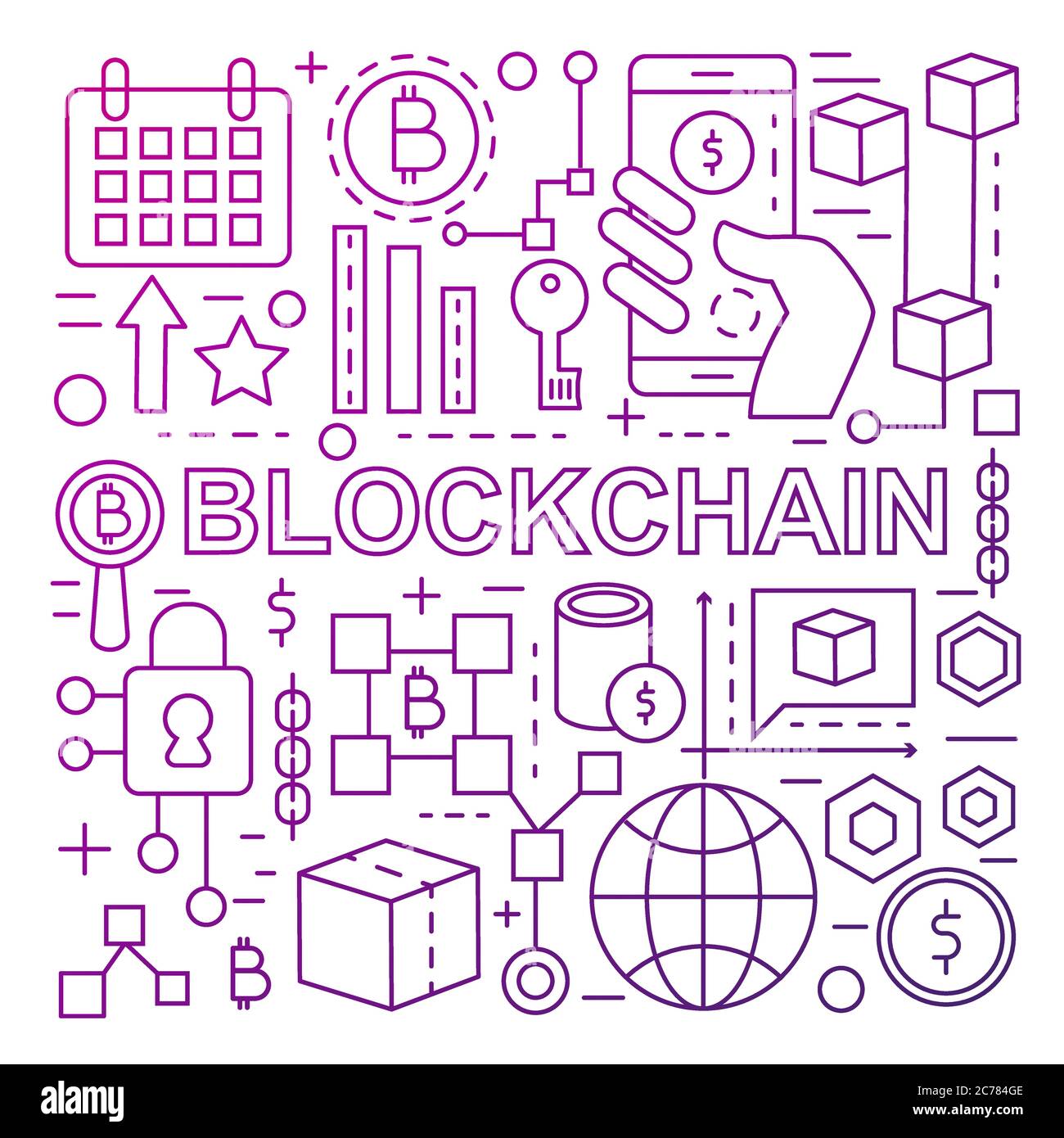 Modèle de bannière technologique blockchain avec icônes de ligne de couleur Illustration de Vecteur