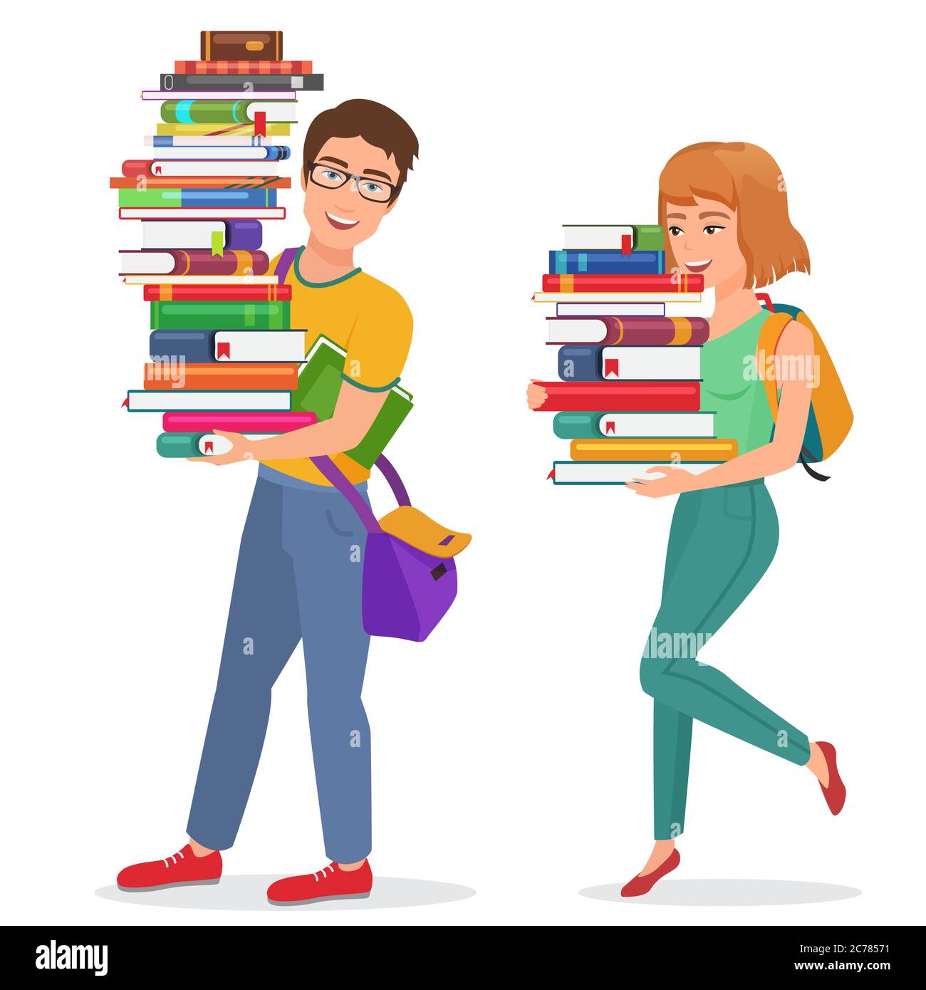 Illustration de l'éducation de connaissance de vecteur avec des étudiants de type et de fille portant une grande pile de livres. Homme femme étudiant portant des livres Illustration de Vecteur